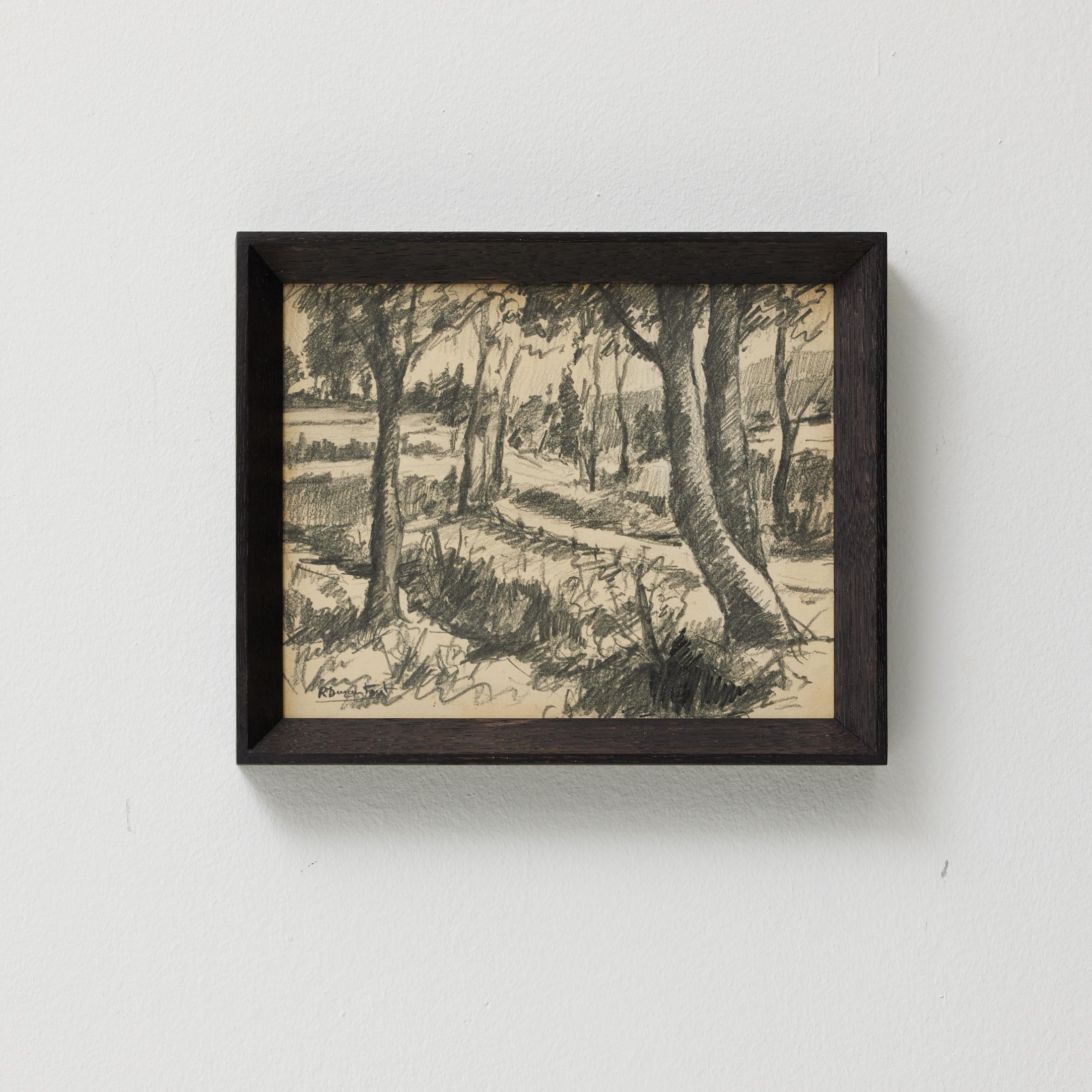 Un delicato e suggestivo disegno a matita in bianco e nero su carta, che raffigura un paesaggio sereno con alberi. La composizione cattura un momento tranquillo, quasi meditativo, nella natura, reso con una mano morbida ed espressiva. I dettagli e