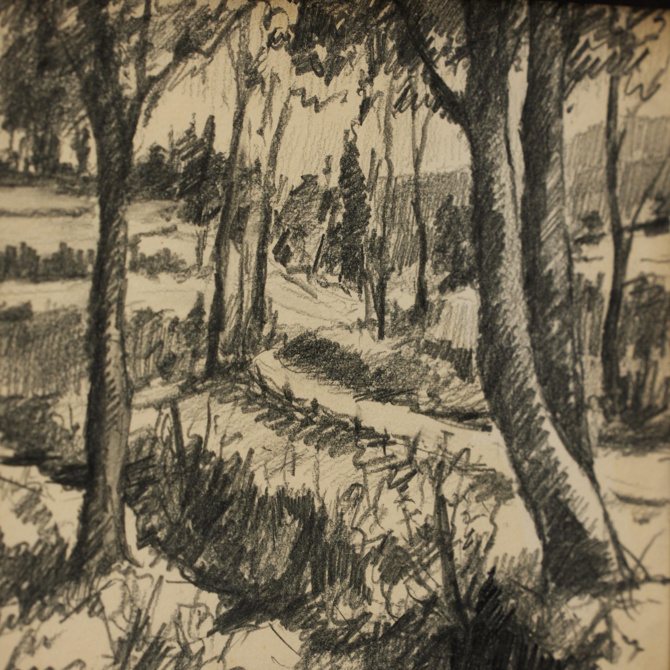 Disegno a matita di paesaggio spagnolo vintage degli anni '80 di R. Duran Font, incorniciato in nero In condizioni buone in vendita a Barcelona, ES