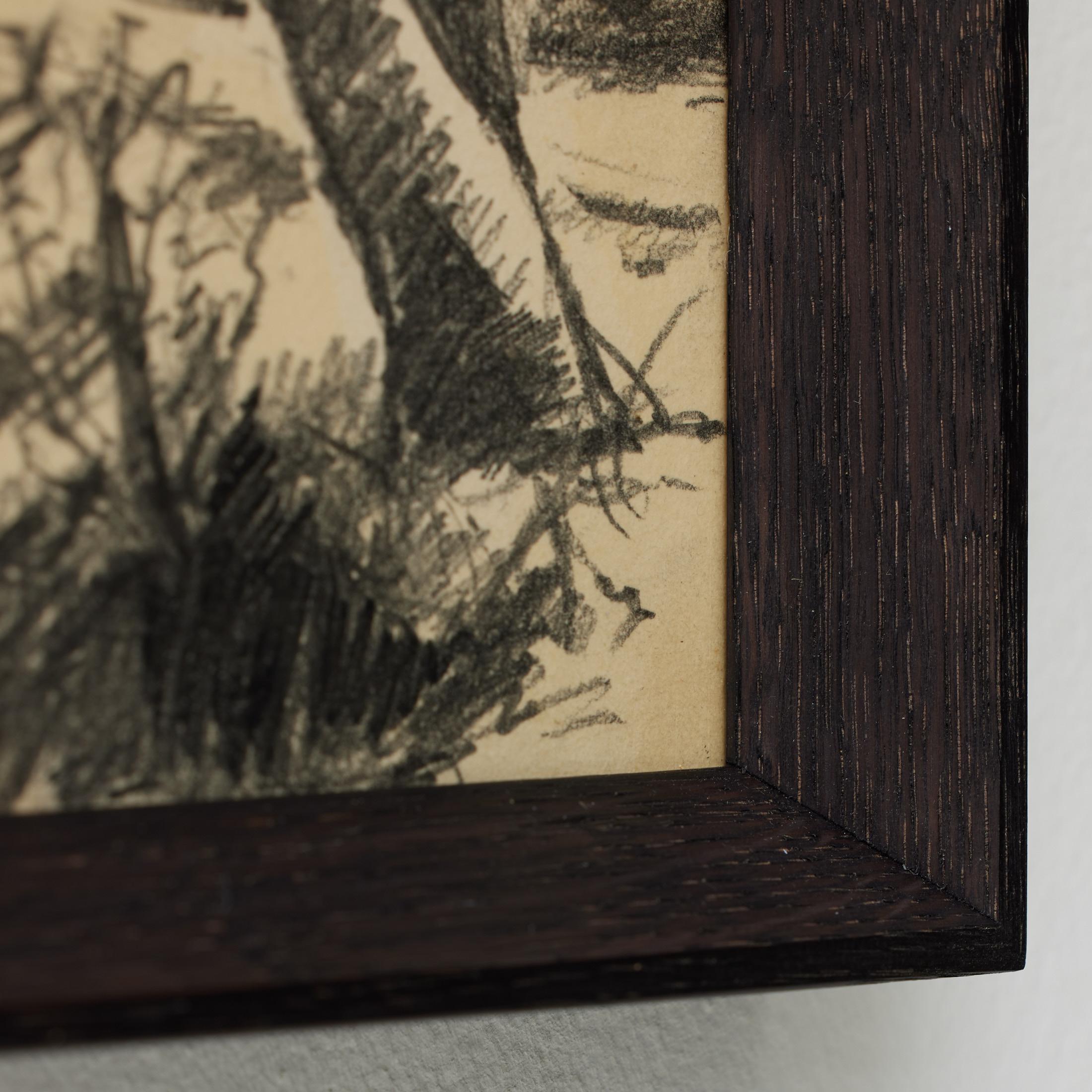 Carta Disegno a matita di paesaggio spagnolo vintage degli anni '80 di R. Duran Font, incorniciato in nero in vendita
