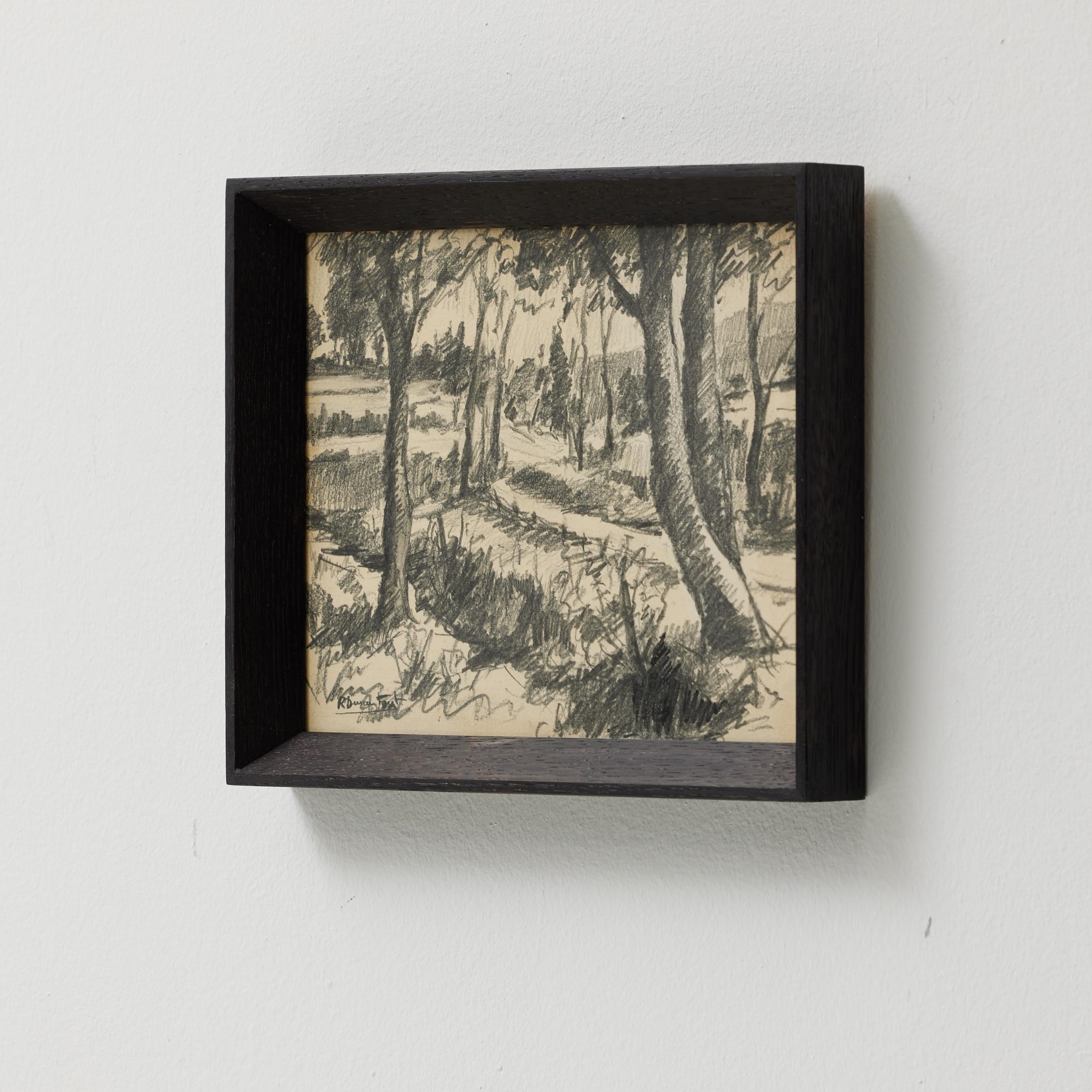 Disegno a matita di paesaggio spagnolo vintage degli anni '80 di R. Duran Font, incorniciato in nero in vendita 1
