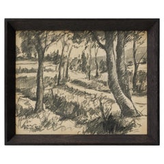 Vintage 1980 Spanish Landscape Pencil Drawing by R. Duran Font, Encadré en noir