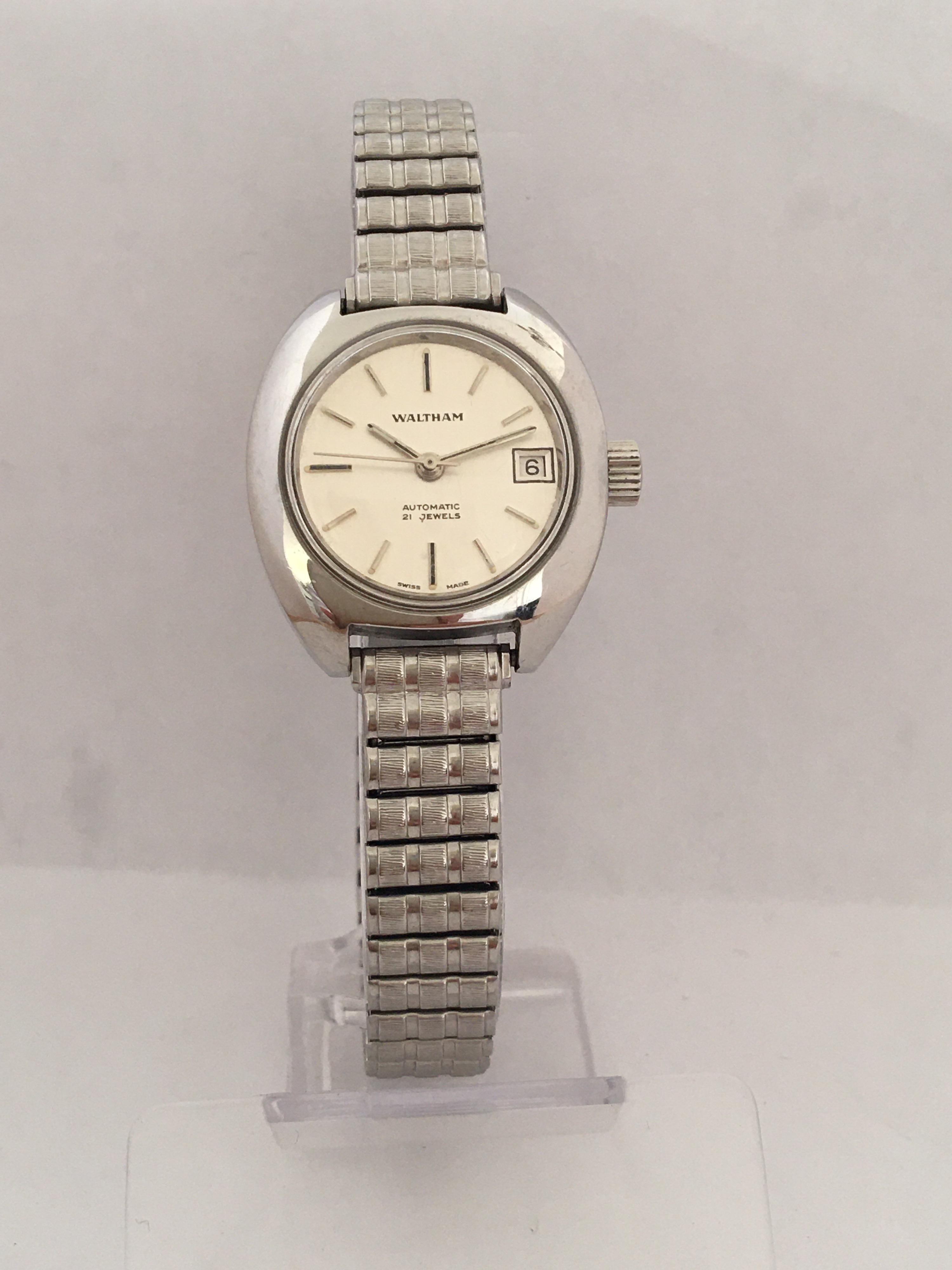 Vintage 1980s Stainless Steel 21 Jewels Ladies Waltham Automatic Watch 2