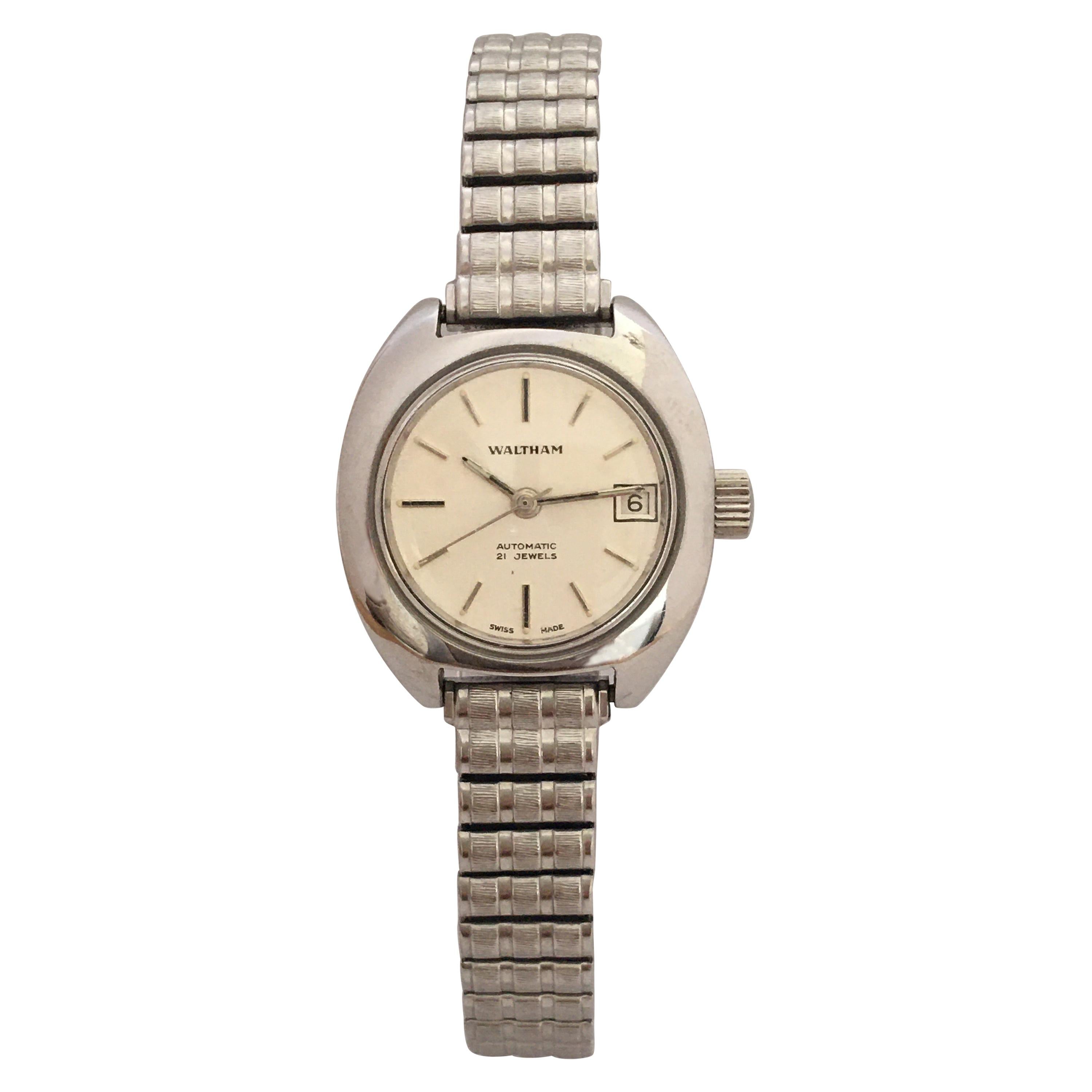 Vintage 1980s Stainless Steel 21 Jewels Ladies Waltham Automatic Watch