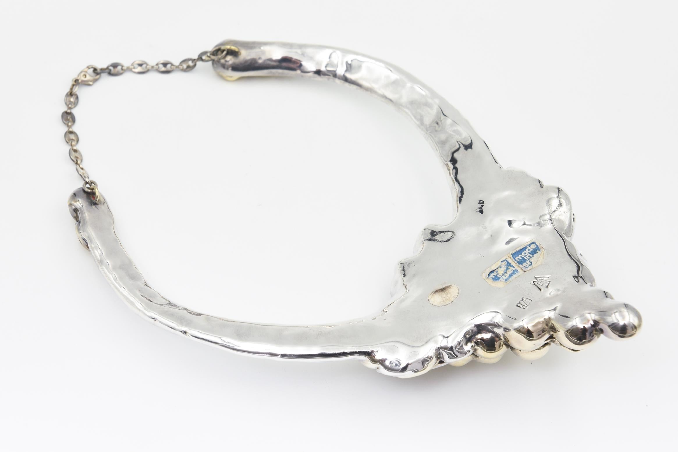 Vintage 1980s Sterling Silver Bib Necklace With Structural Grape Design in vendita 6