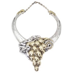 Vintage 1980s Sterling Silver Bib Necklace With Structural Grape Design