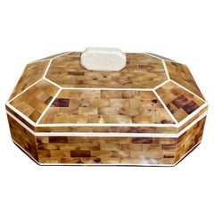 Vintage 1980s Tessellated Horn Lidded Box with Shell Stone Trim - Retro Home Dec