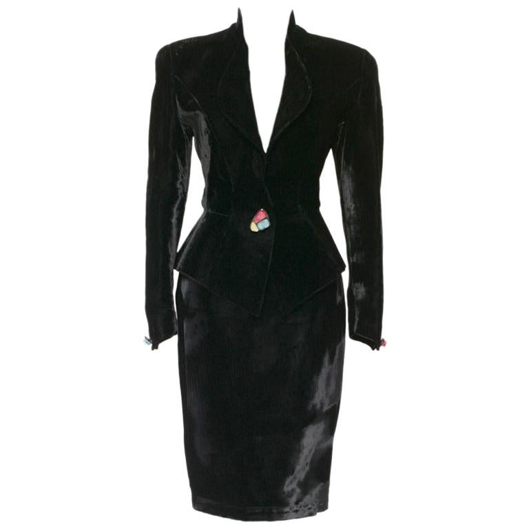 Vintage 1980s Thierry Mugler black silk velvet suit