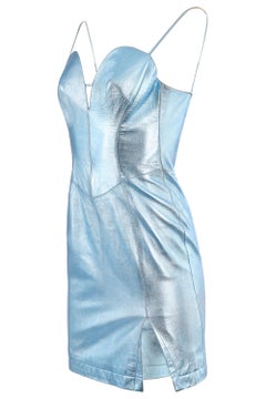 Vintage 1980's Thierry Mugler Couture Metallic Blue Leather Mini Dress