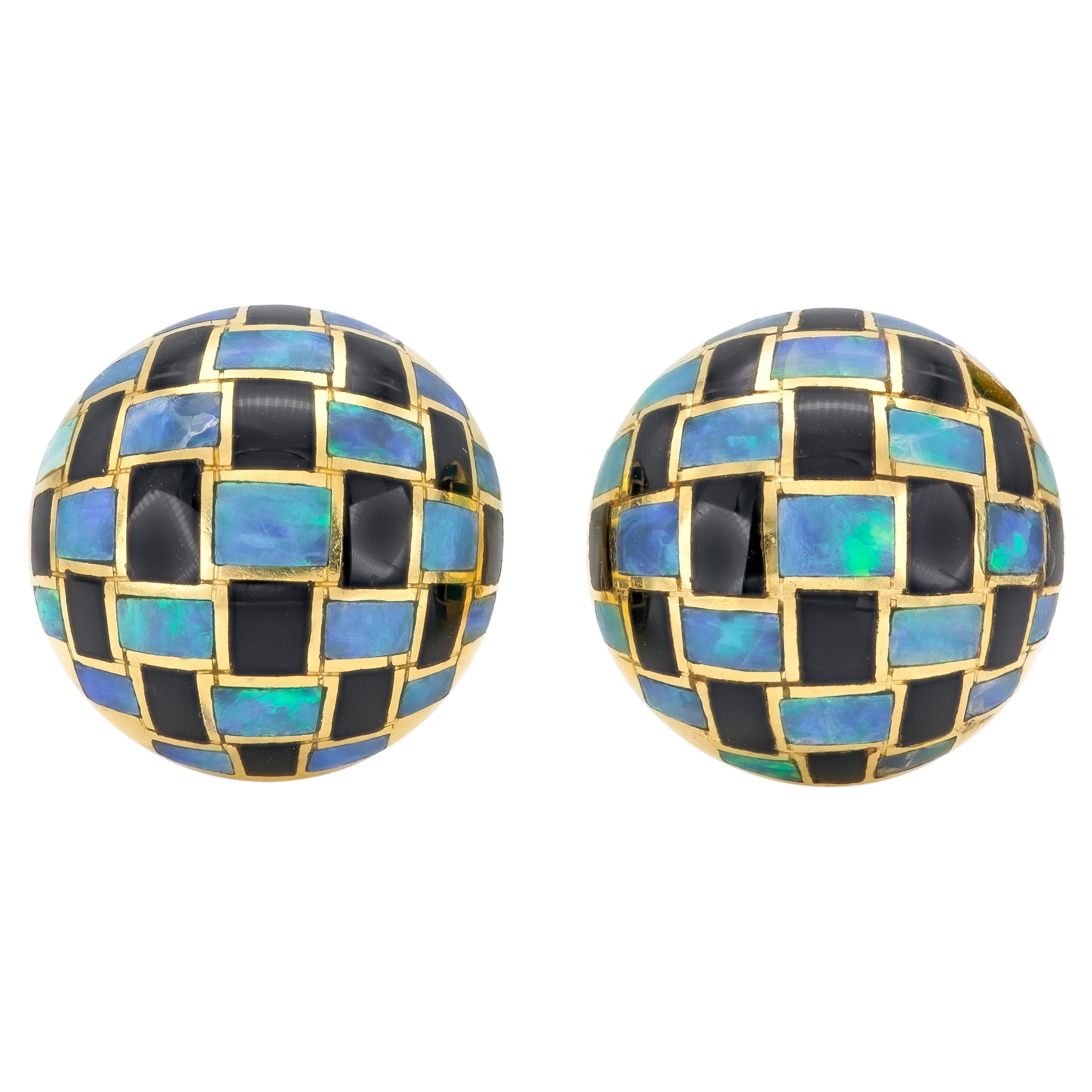 Vintage 1980s Tiffany & Co. Angela Cummings Opal & Jade Checkerboard Earrings For Sale