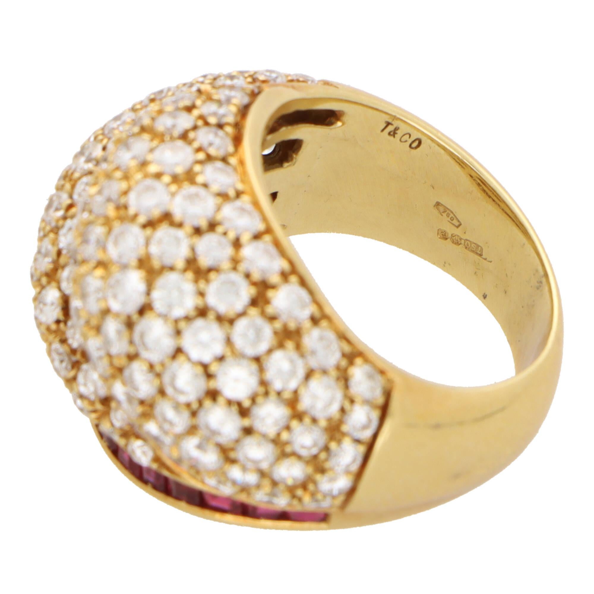 Round Cut Vintage 1980's Tiffany & Co. Diamond and Ruby Bombé Ring in 18k Yellow Gold For Sale