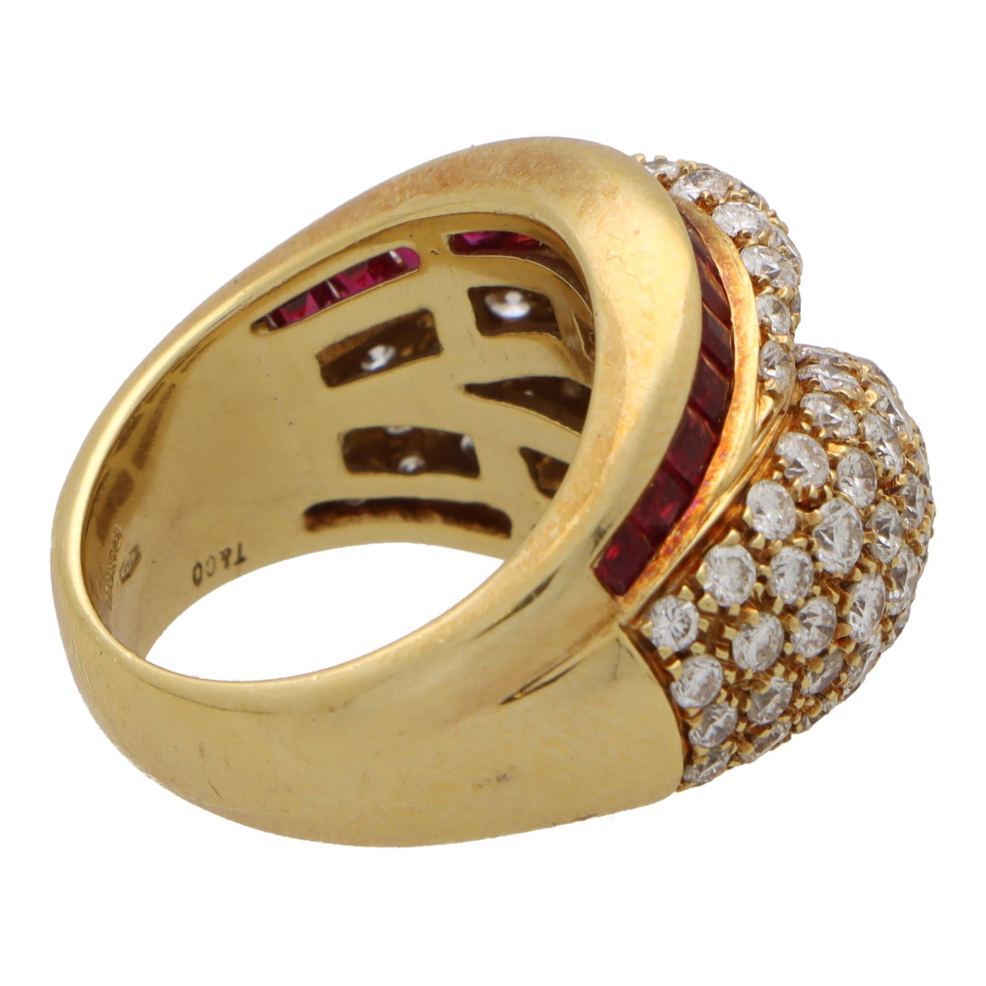 Women's or Men's Vintage 1980's Tiffany & Co. Diamond and Ruby Bombé Ring in 18k Yellow Gold For Sale