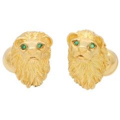 Vintage 1980's Tiffany & Co. Boutons de manchette tête de lion en émeraude sertis en or jaune 18 carats