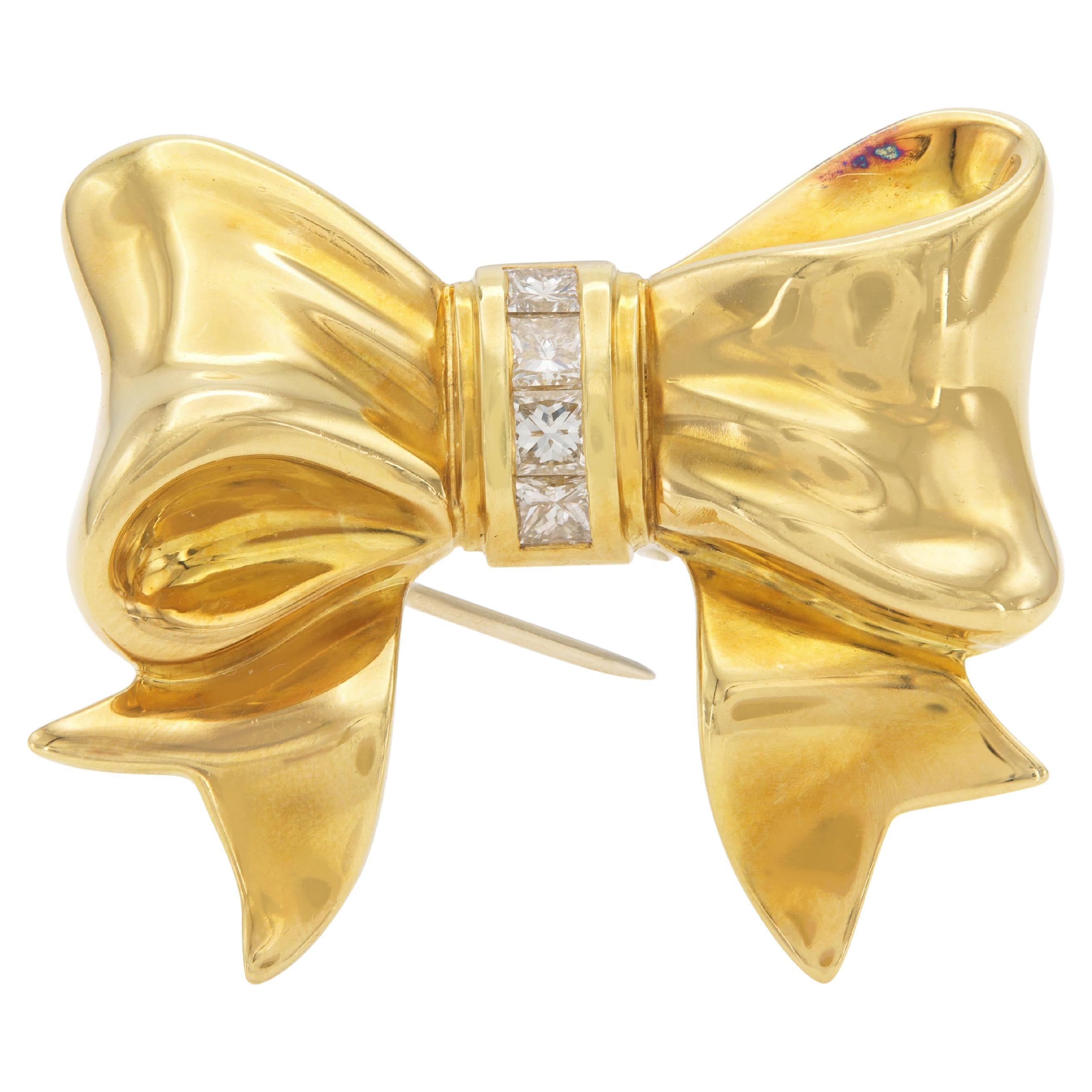 Vintage 1980s Tiffany & Co. Gold Bow Brooch with Diamonds