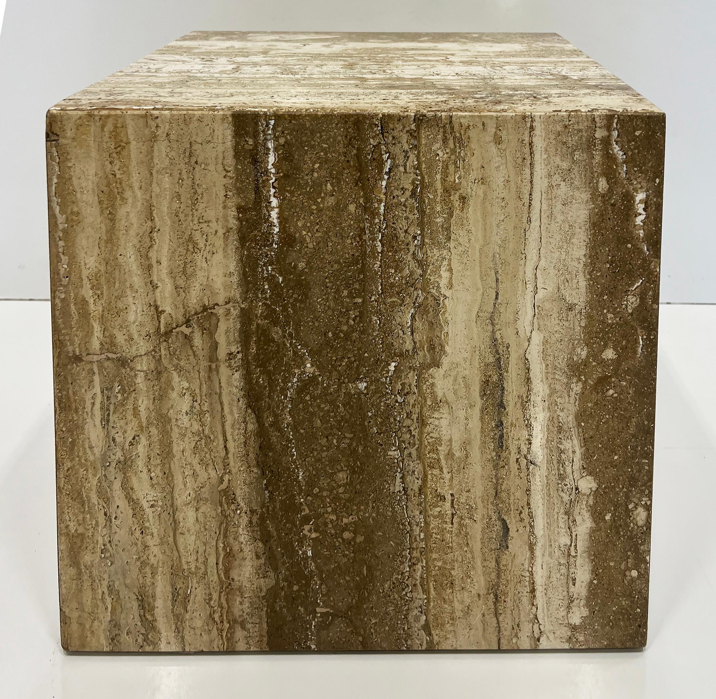 Modern Vintage 1980s Travertine Cube Side Tables Pedestals, Pair