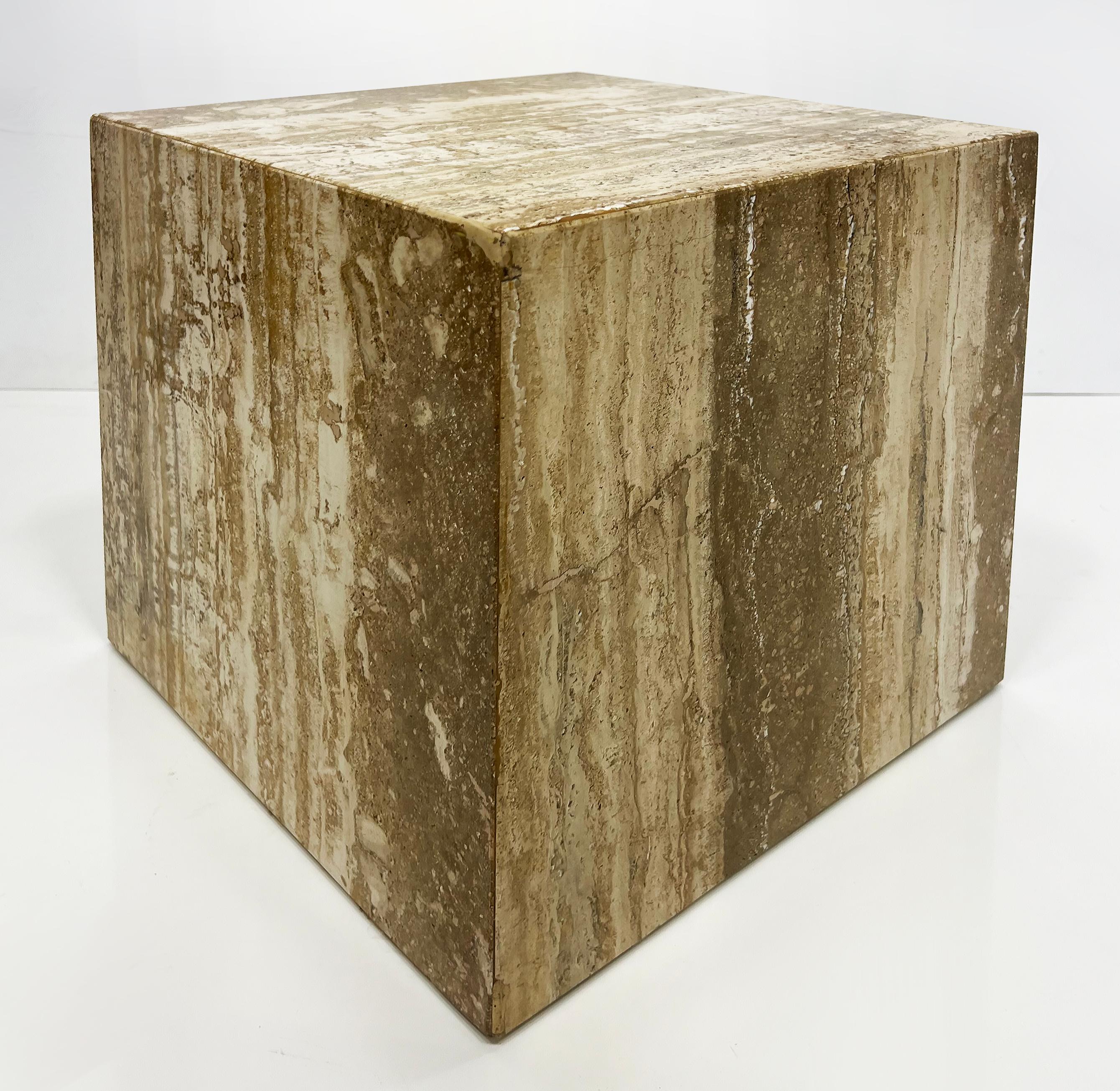 Italian Vintage 1980s Travertine Cube Side Tables Pedestals, Pair