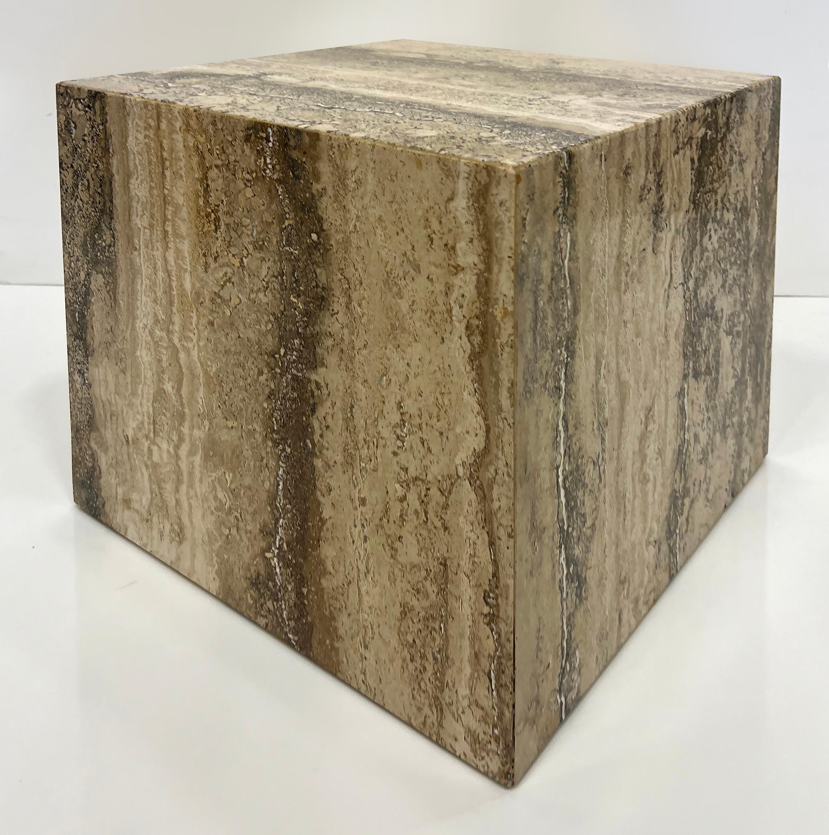 Vintage 1980s Travertine Cube Side Tables Pedestals, Pair In Good Condition In Miami, FL