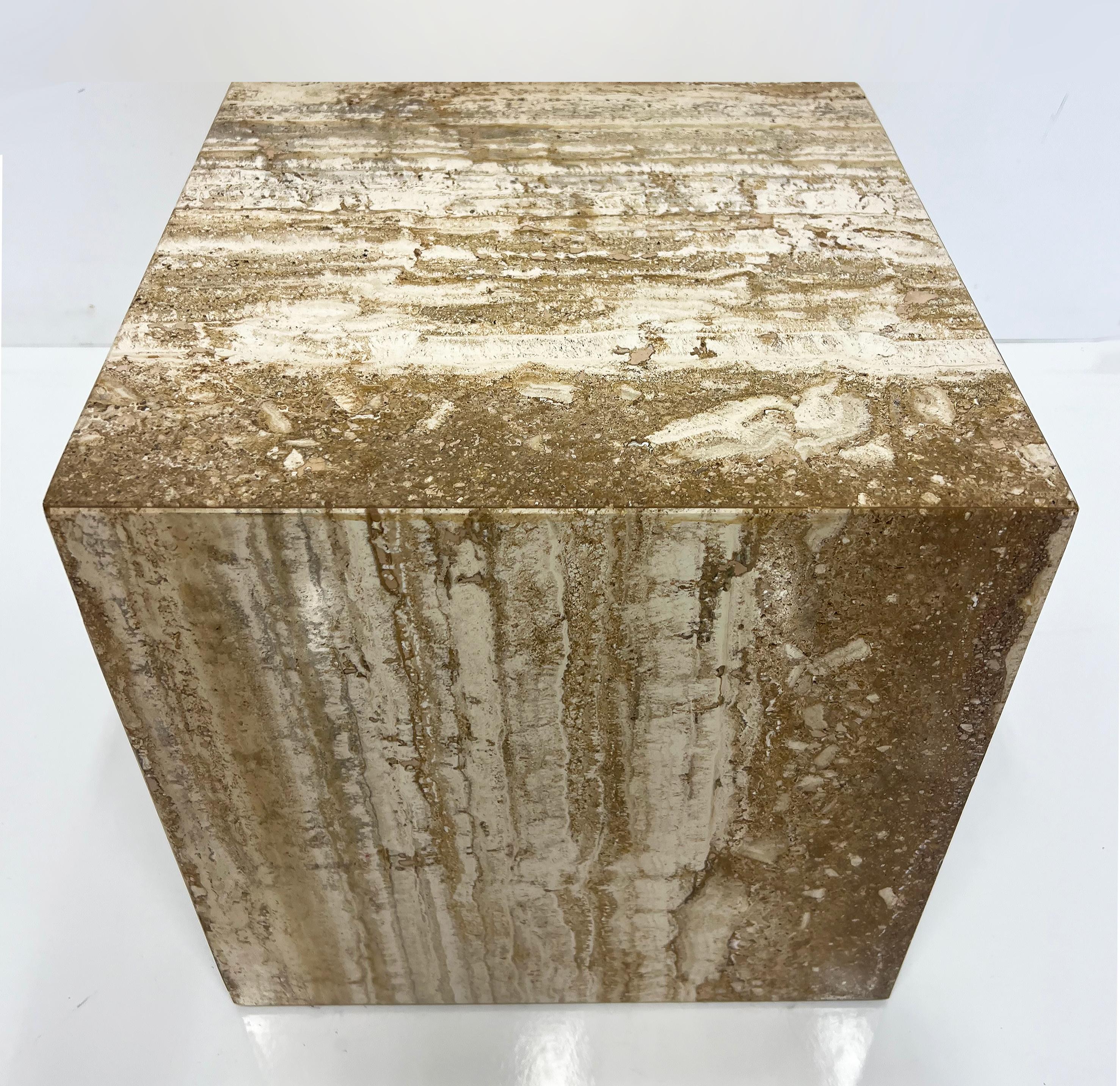 Late 20th Century Vintage 1980s Travertine Cube Side Tables Pedestals, Pair