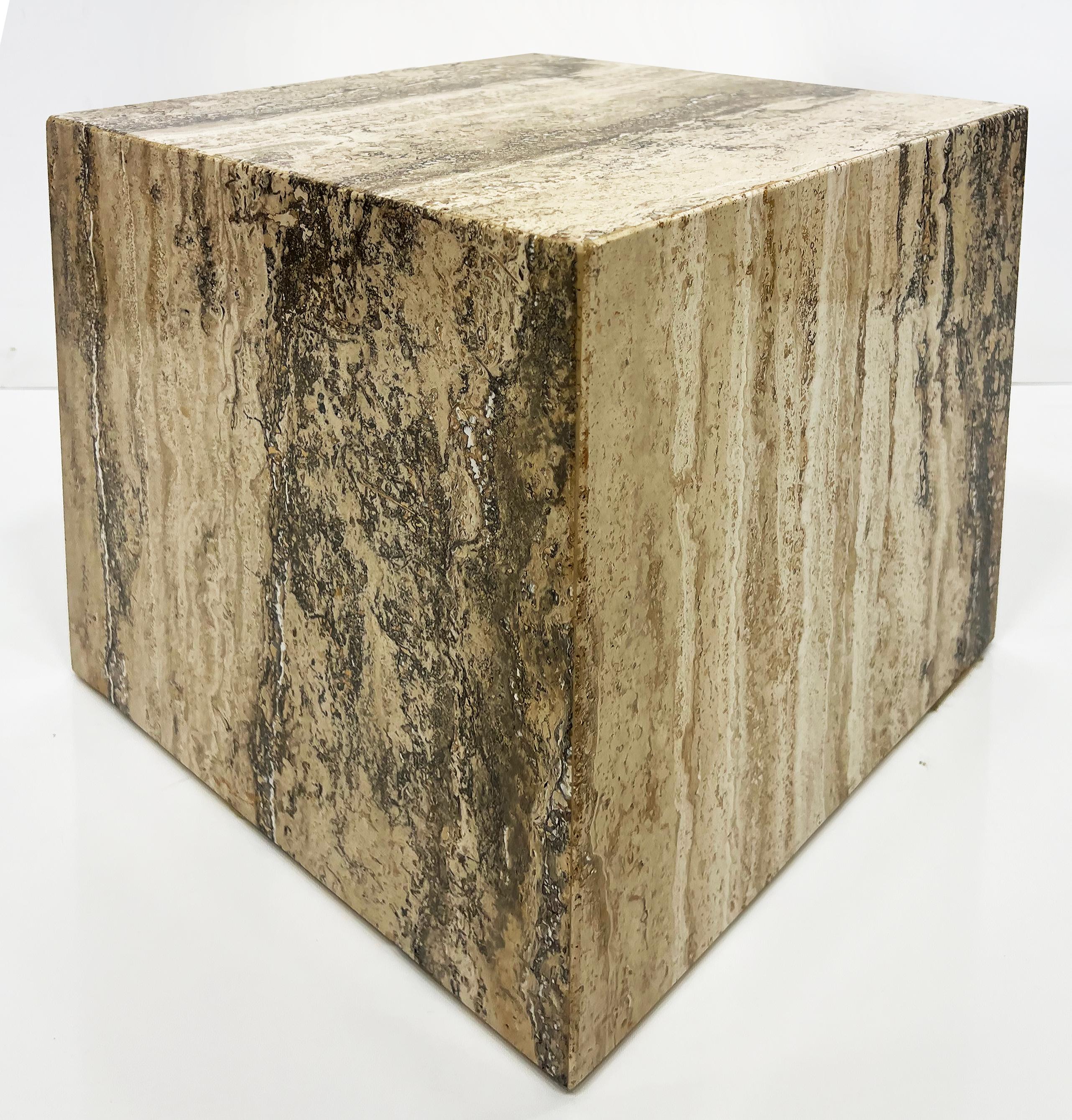 Vintage 1980s Travertine Cube Side Tables Pedestals, Pair 3