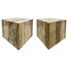 Vintage 1980s Travertine Cube Side Tables Pedestals, Pair