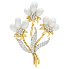 Vintage 1980s Trio Pearl and Diamond Flowers Brooch