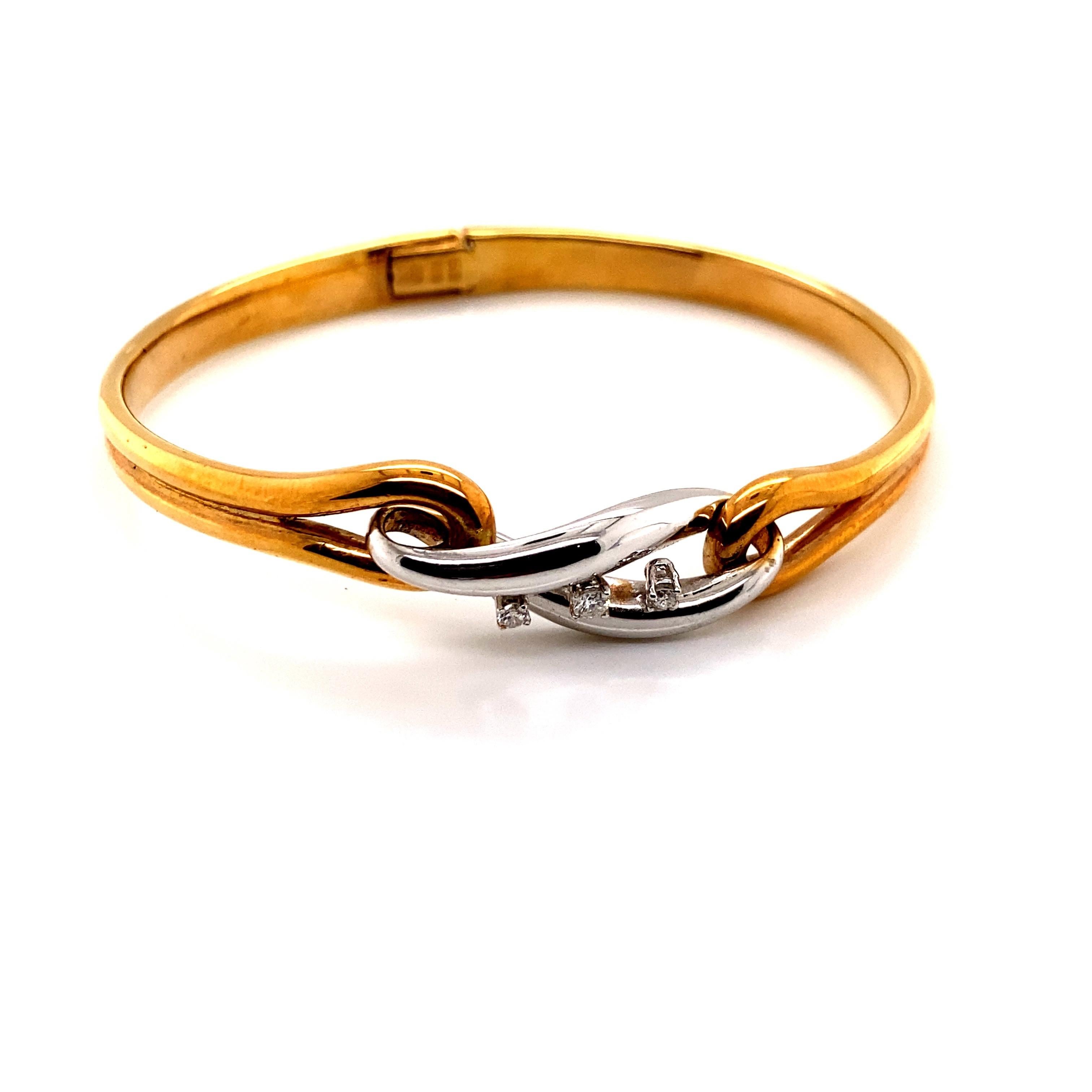 Round Cut Vintage 1980's Two Tone 14K Gold Bangle Bracelet with Three Diamonds For Sale