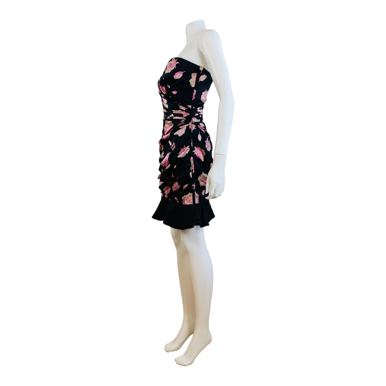 Vintage 1980s Ungaro Black Silk Pink Flowers Roses Ruffle Mini Dress For Sale 9