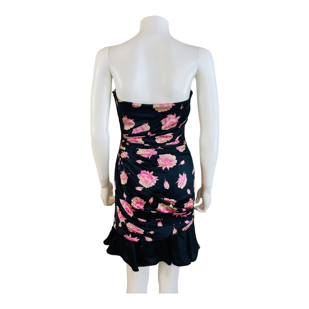 Vintage 1980s Ungaro Black Silk Pink Flowers Roses Ruffle Mini Dress For Sale 10