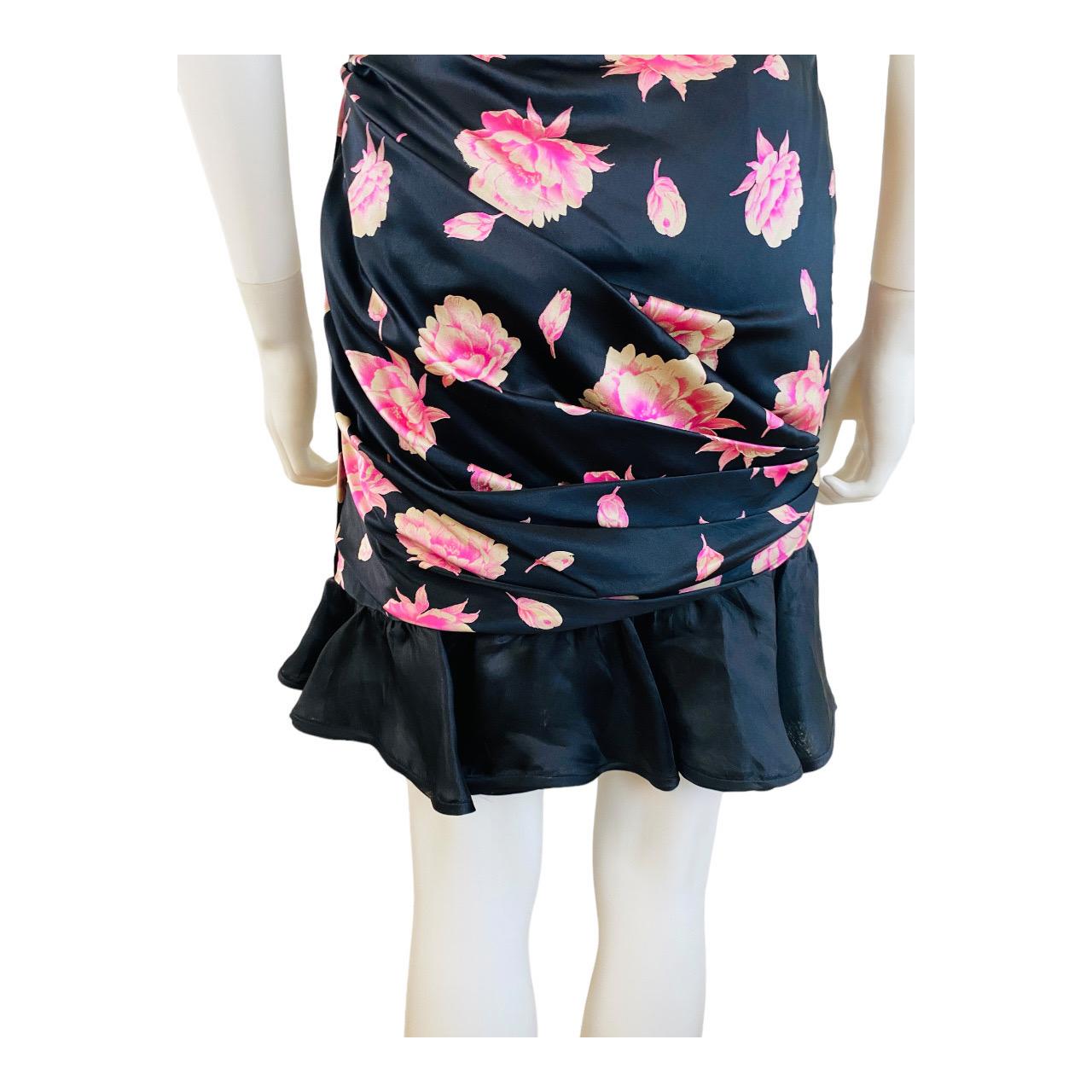 Vintage 1980s Ungaro Black Silk Pink Flowers Roses Ruffle Mini Dress For Sale 11