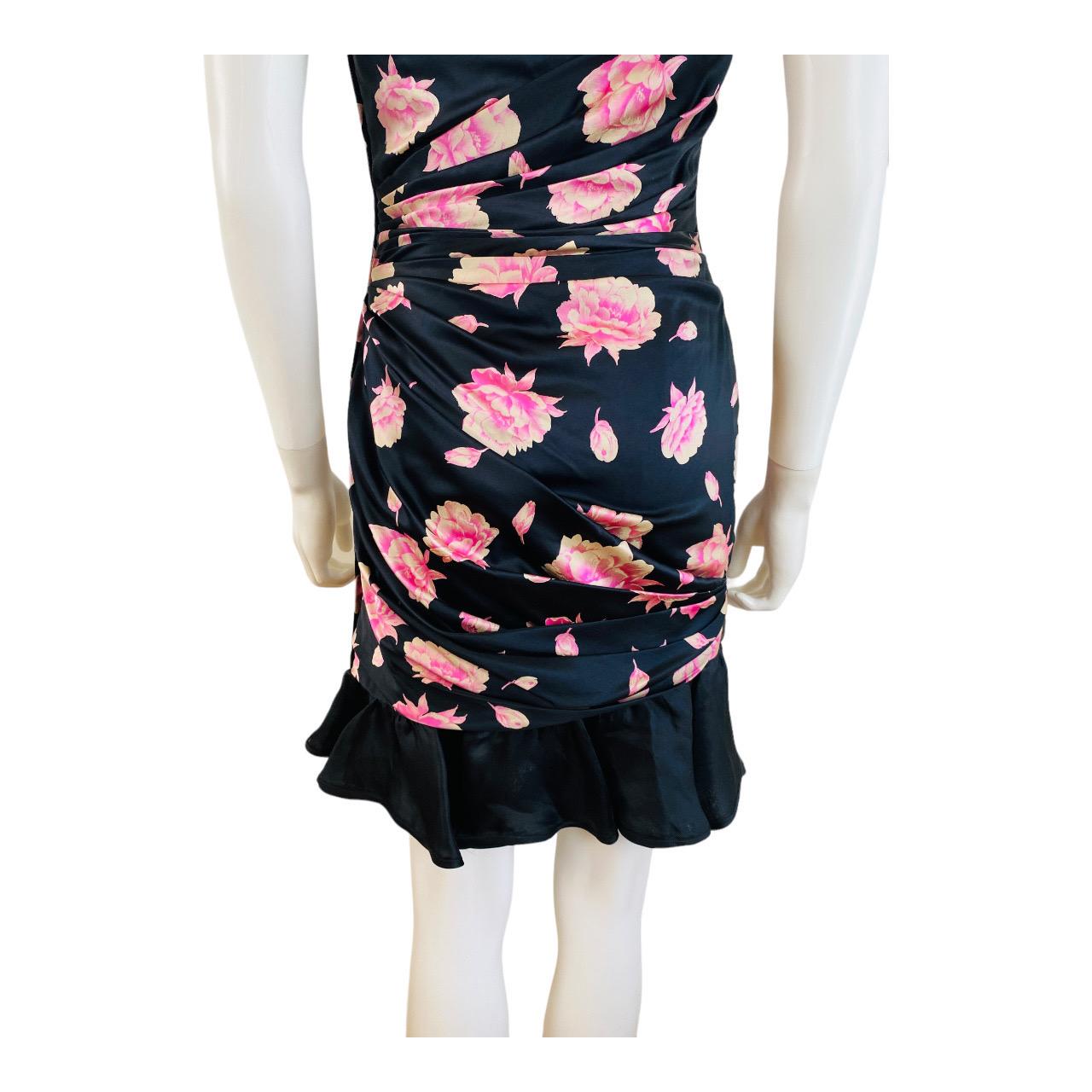 Vintage 1980s Ungaro Black Silk Pink Flowers Roses Ruffle Mini Dress For Sale 12