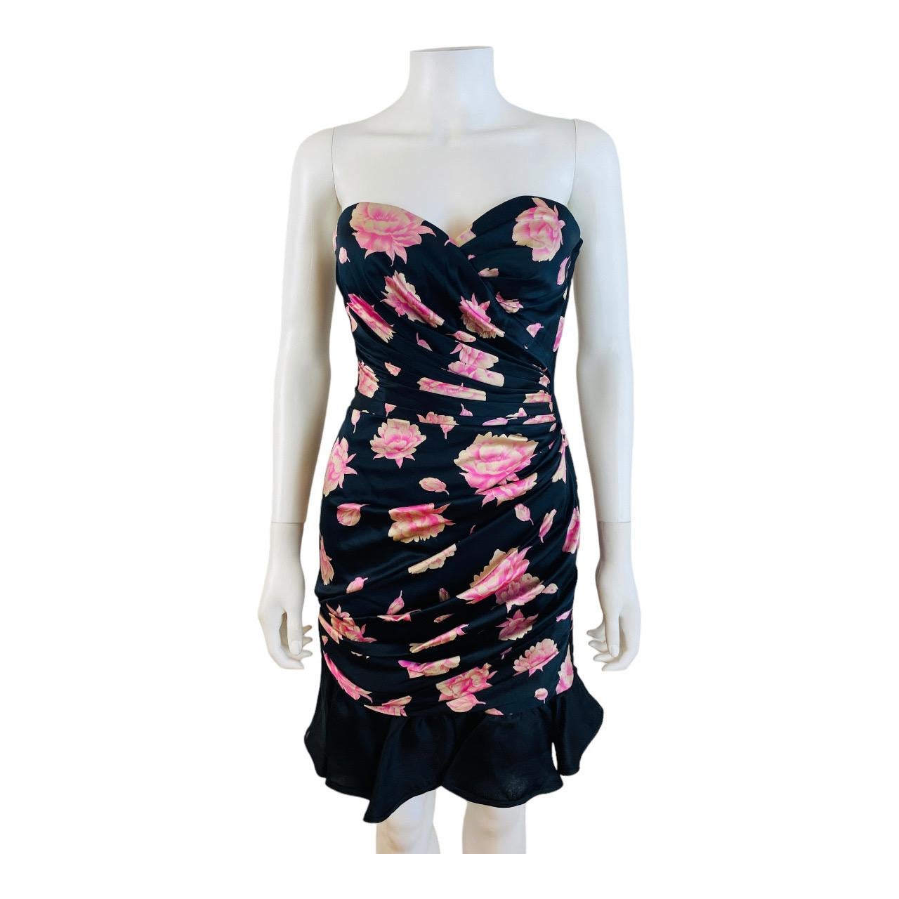 Vintage 1980s Ungaro Black Silk Pink Flowers Roses Ruffle Mini Dress In Excellent Condition For Sale In Denver, CO
