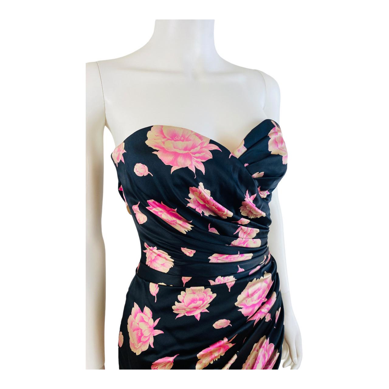 Vintage 1980s Ungaro Black Silk Pink Flowers Roses Ruffle Mini Dress For Sale 1