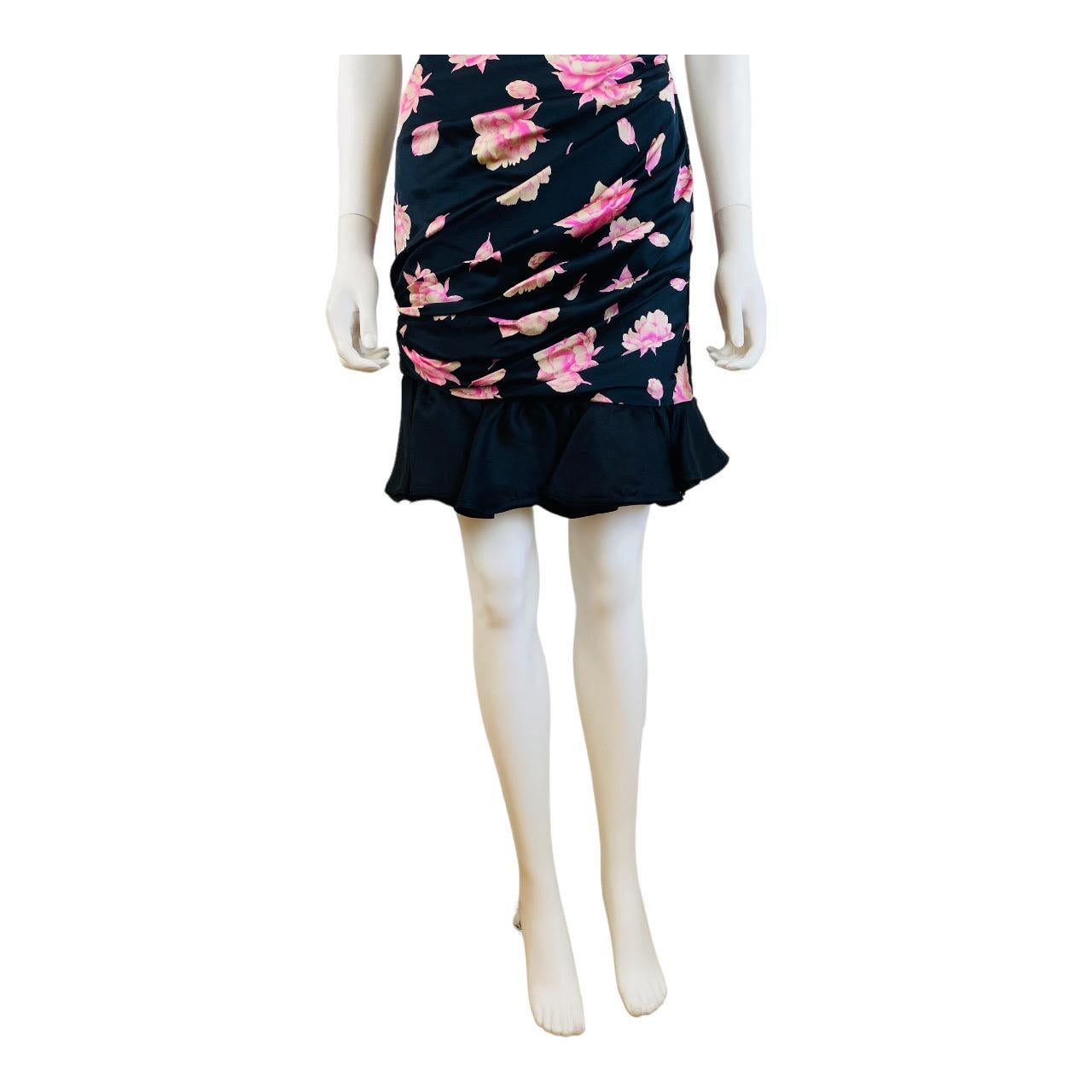 Vintage 1980s Ungaro Black Silk Pink Flowers Roses Ruffle Mini Dress For Sale 4