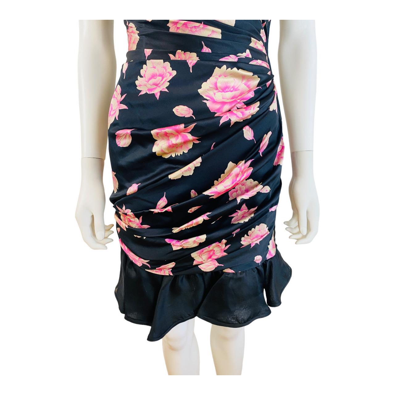 Vintage 1980s Ungaro Black Silk Pink Flowers Roses Ruffle Mini Dress For Sale 5