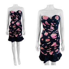 Vintage 1980s Ungaro Black Silk Pink Flowers Roses Ruffle Mini Dress