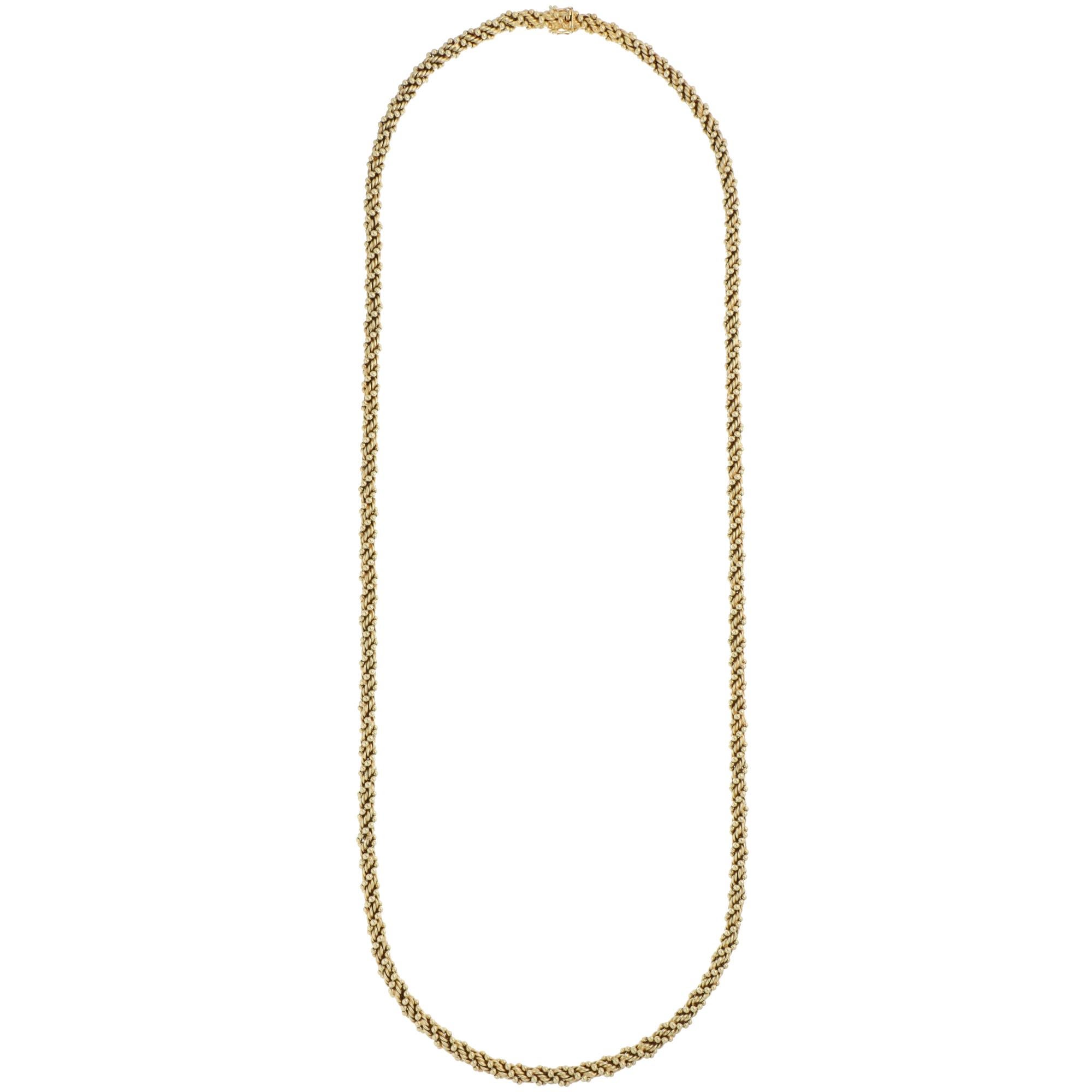 A beautiful vintage Van Cleef & Arpels rope necklace set in 18k yellow gold, circa 1980s.

From a VCA discontinued collection, the necklace is composed of rope and beaded details along the entire piece. The design is simple and timelessly elegant,