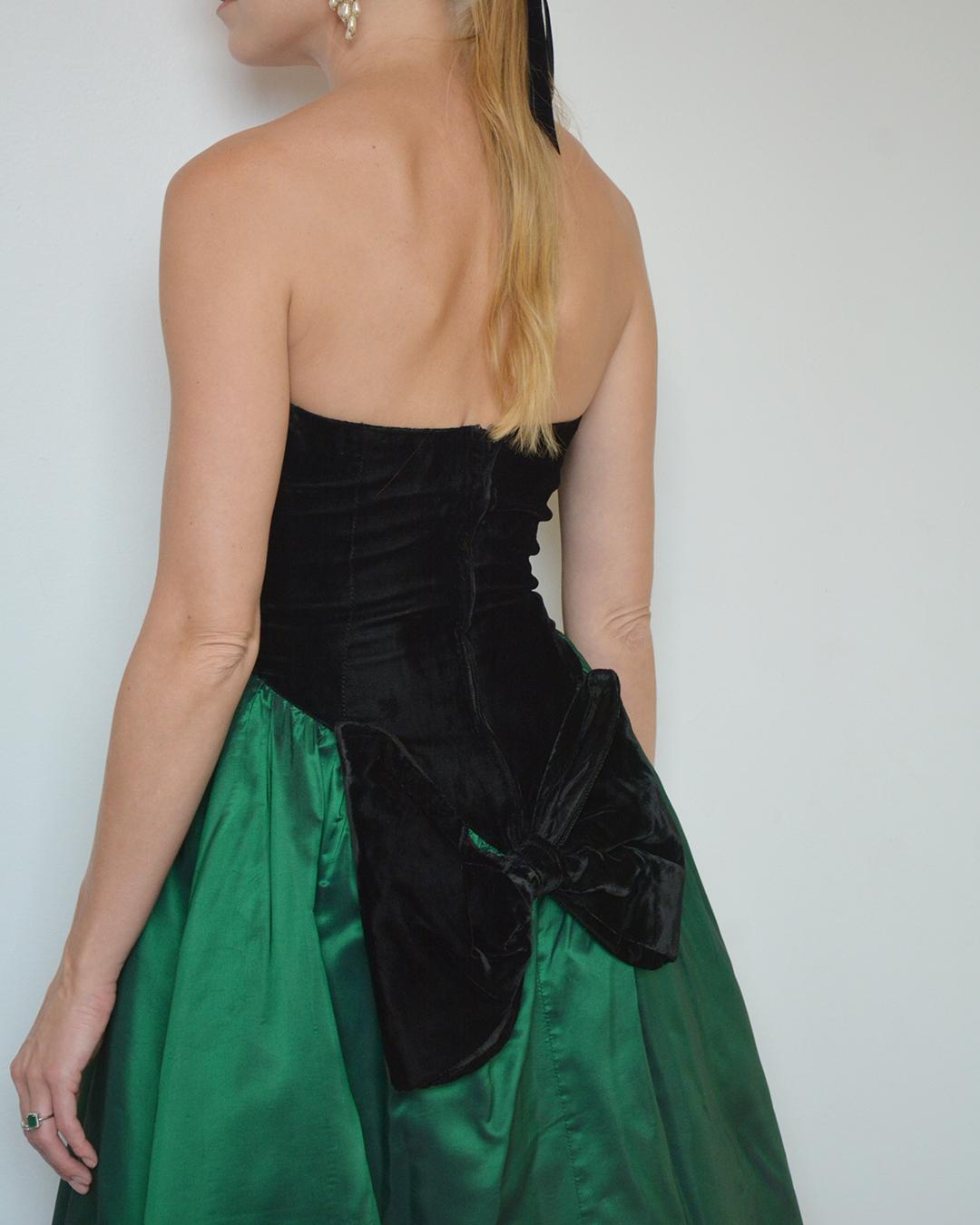 Black Vintage 1980s Velvet Basque-Waist Party Dress with Bow Detail