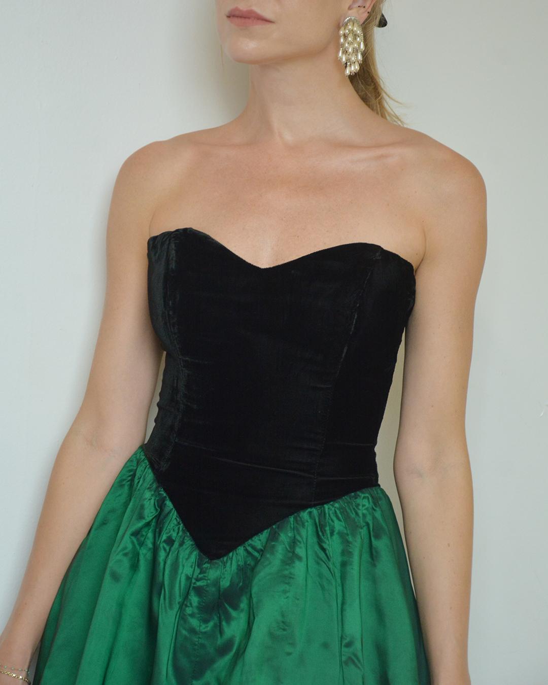 Women's Vintage 1980s Velvet Basque-Waist Party Dress with Bow Detail