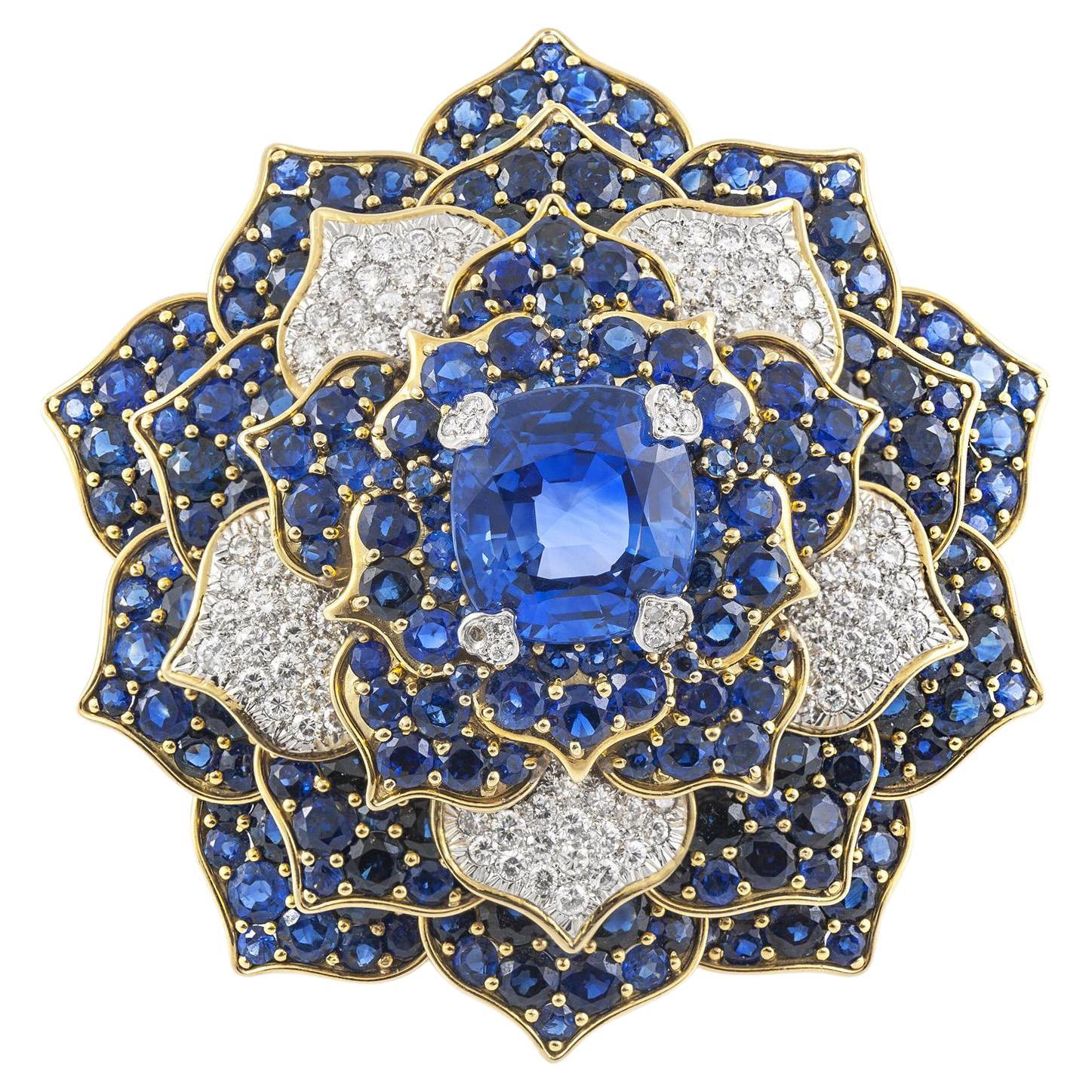 Vintage 1980s Verdura 20.01 Carat Sapphire Flower Brooch with Diamonds