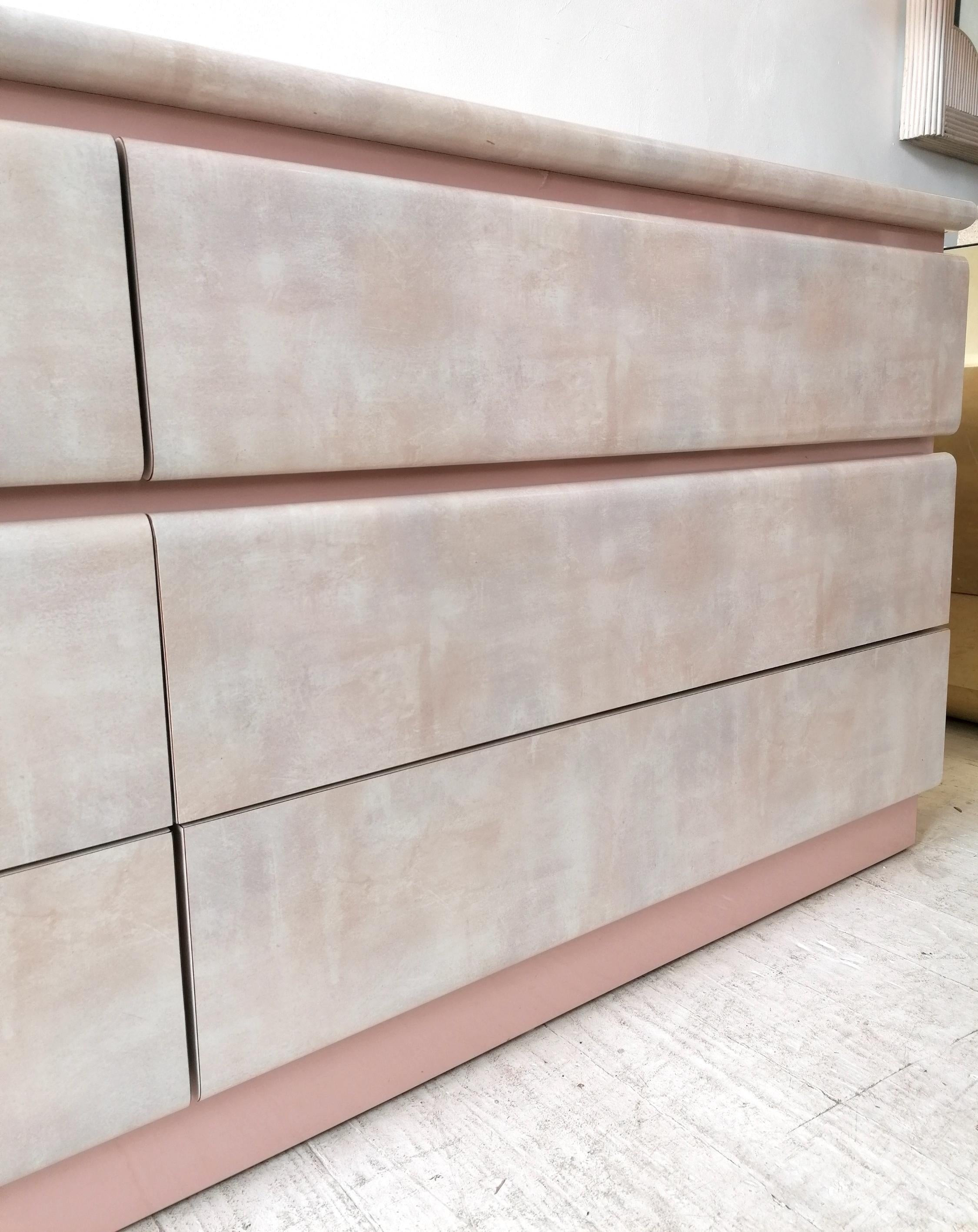 Vintage 1980s Watercolour Pastel & Pink Laminate Sideboard with 6 Drawers, USA 7