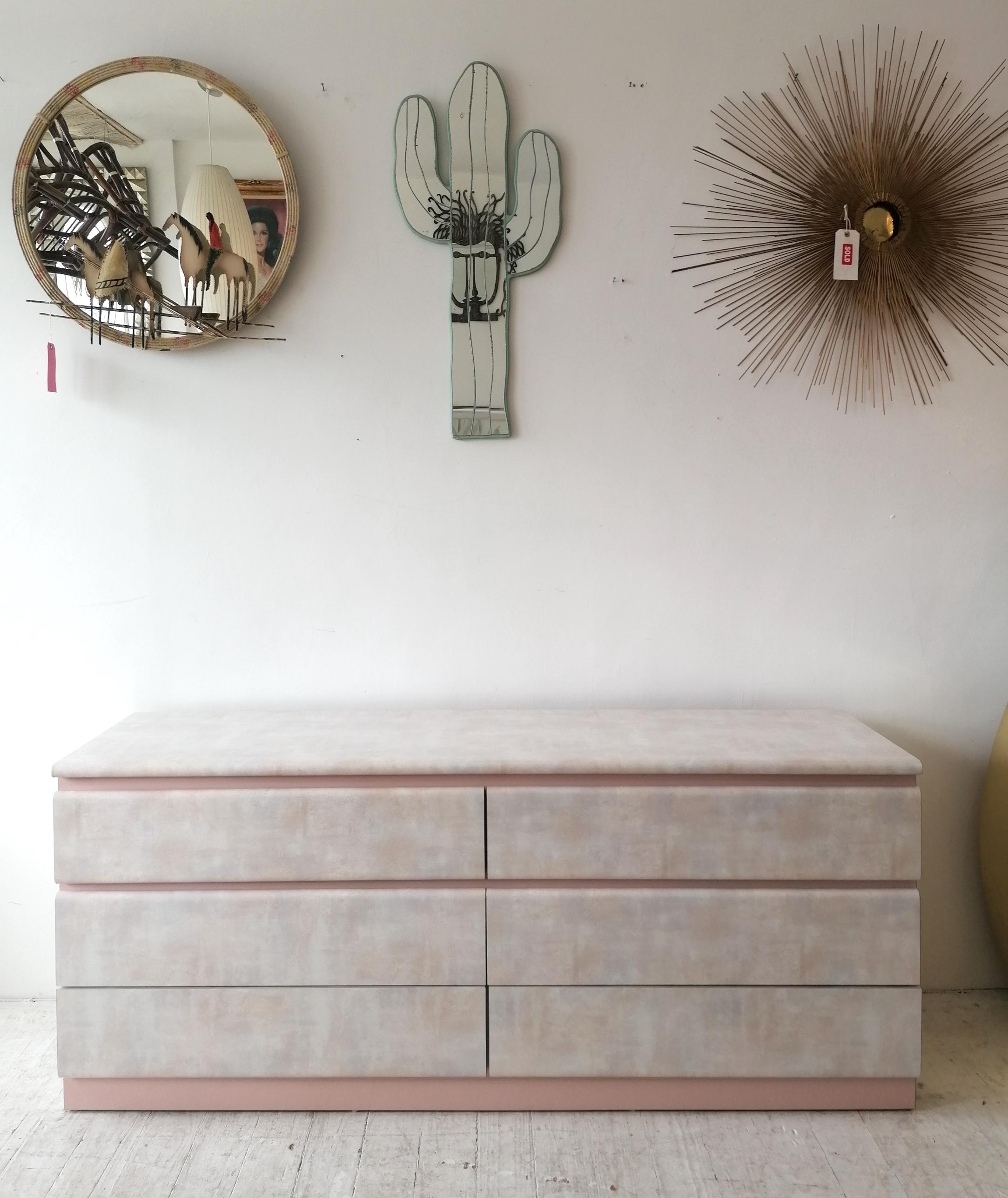 Vintage 1980s Watercolour Pastel & Pink Laminate Sideboard with 6 Drawers, USA 9