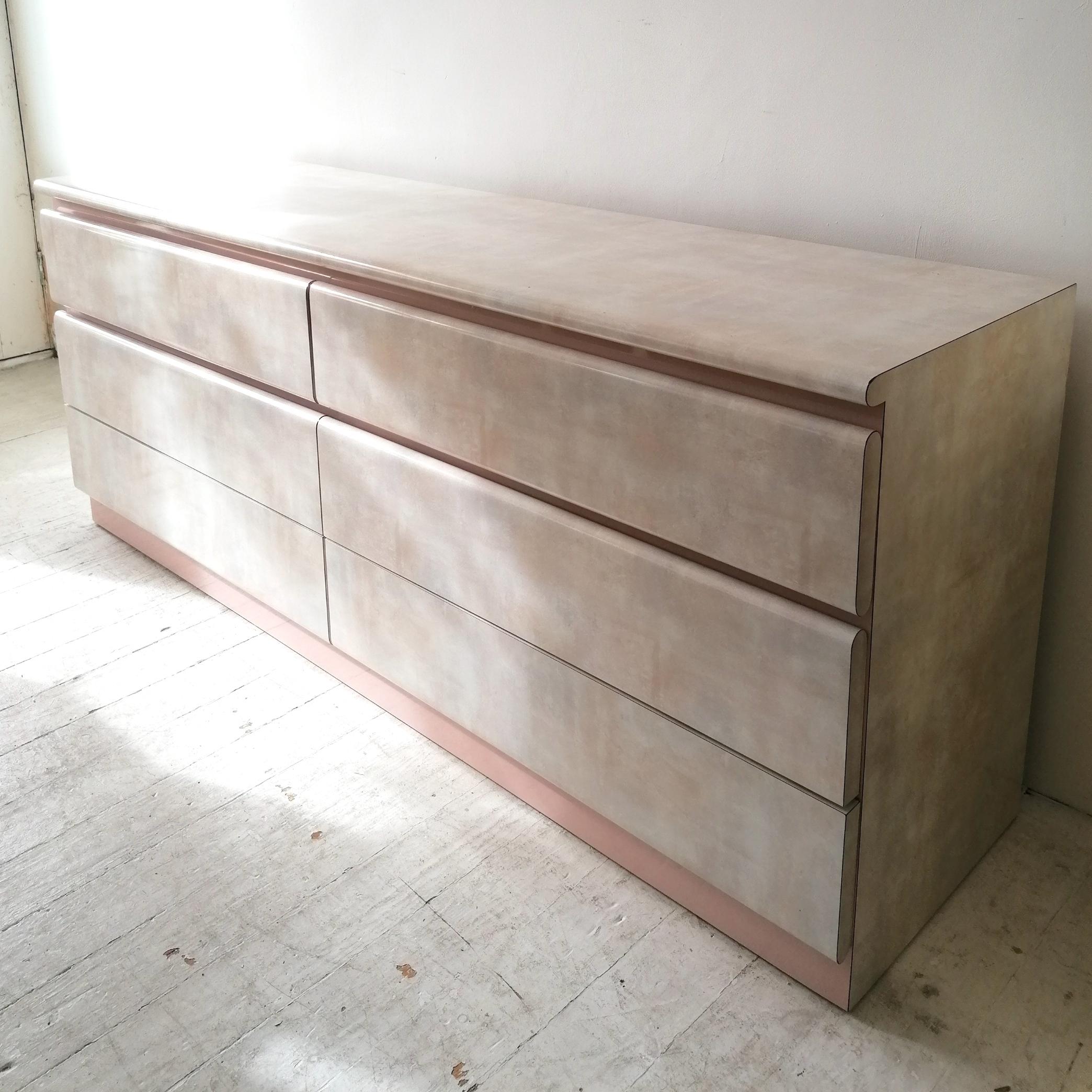 Post-Modern Vintage 1980s Watercolour Pastel & Pink Laminate Sideboard with 6 Drawers, USA