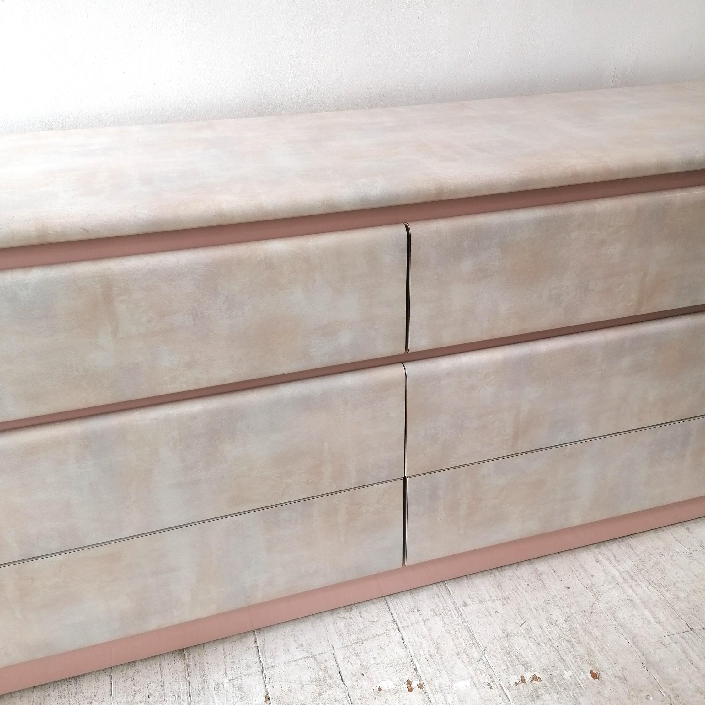 Vintage 1980s Watercolour Pastel & Pink Laminate Sideboard with 6 Drawers, USA In Good Condition In Hastings, GB