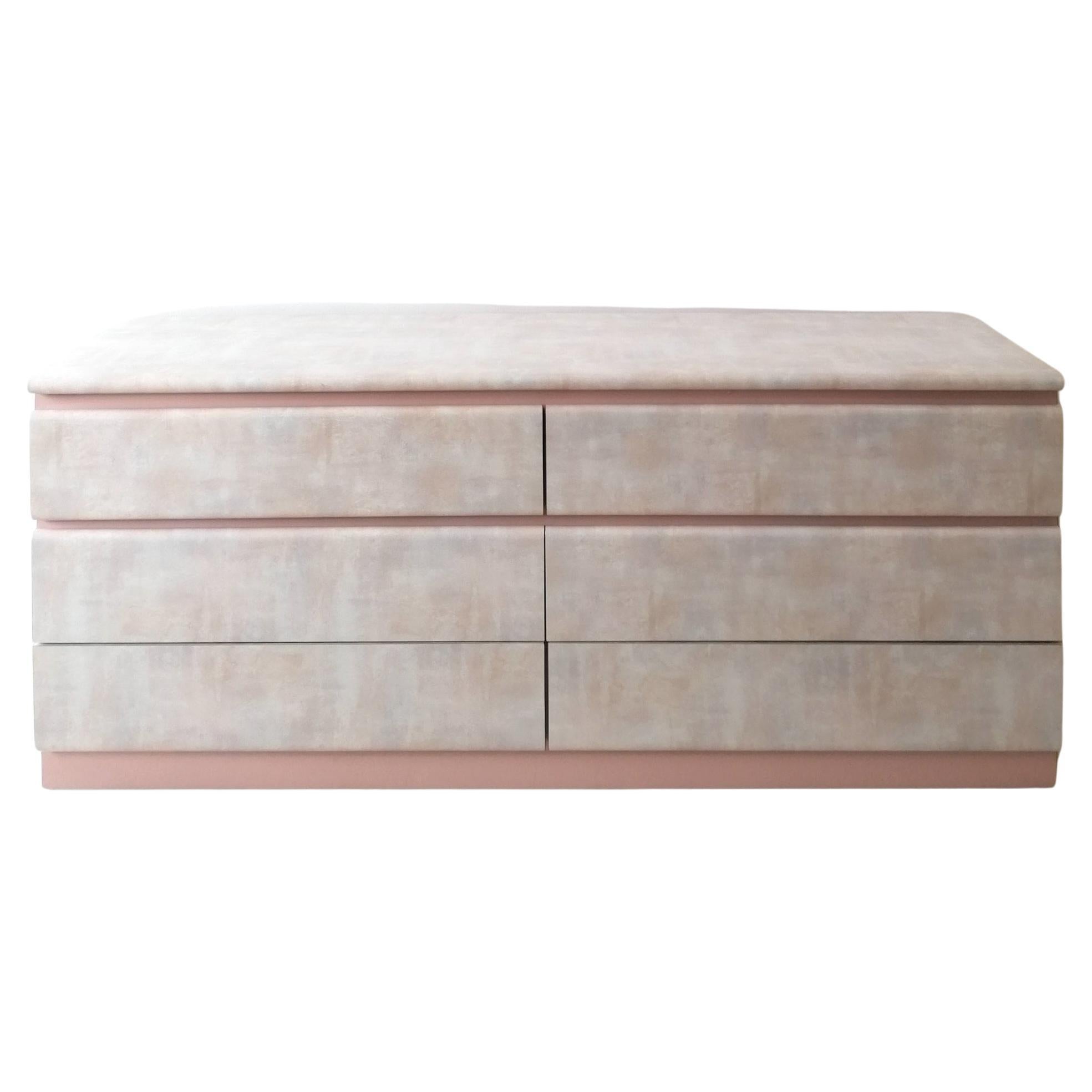 Vintage 1980s Watercolour Pastel & Pink Laminate Sideboard with 6 Drawers, USA