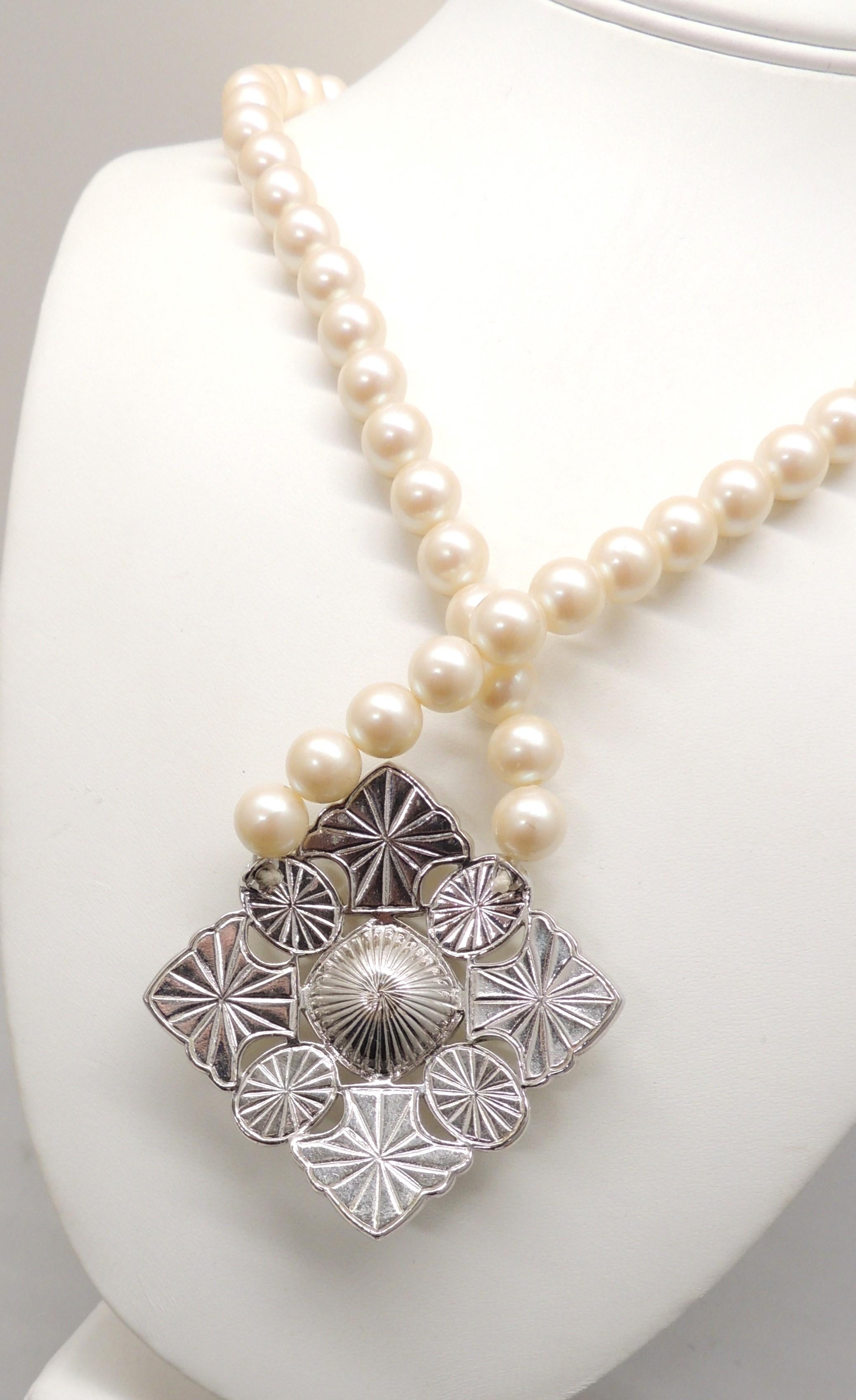 Art Deco Vintage 1980s Yves Saint Laurent YSL Faux-Pearl & Rhinestone Pendant Necklace