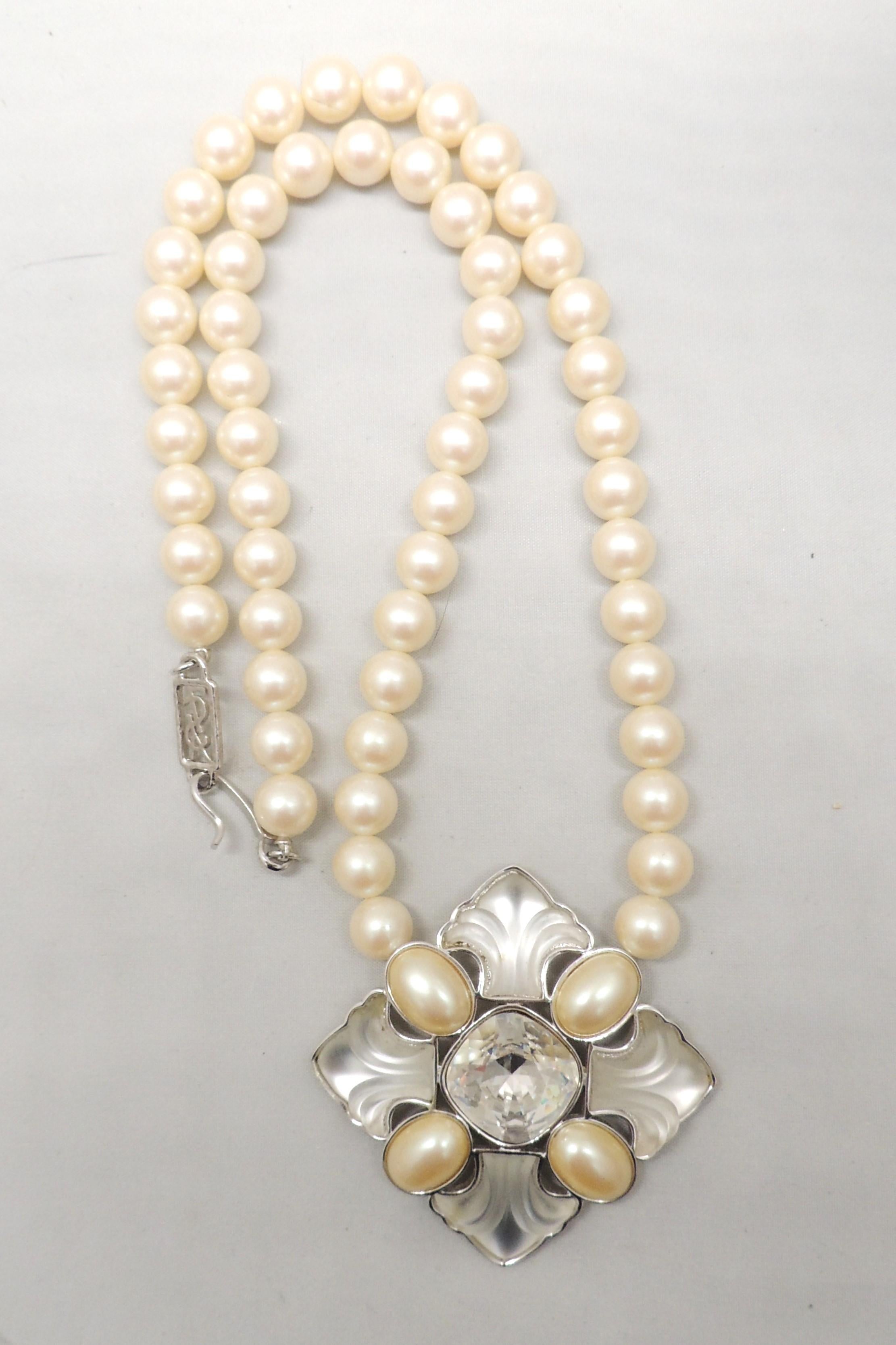 Women's Vintage 1980s Yves Saint Laurent YSL Faux-Pearl & Rhinestone Pendant Necklace