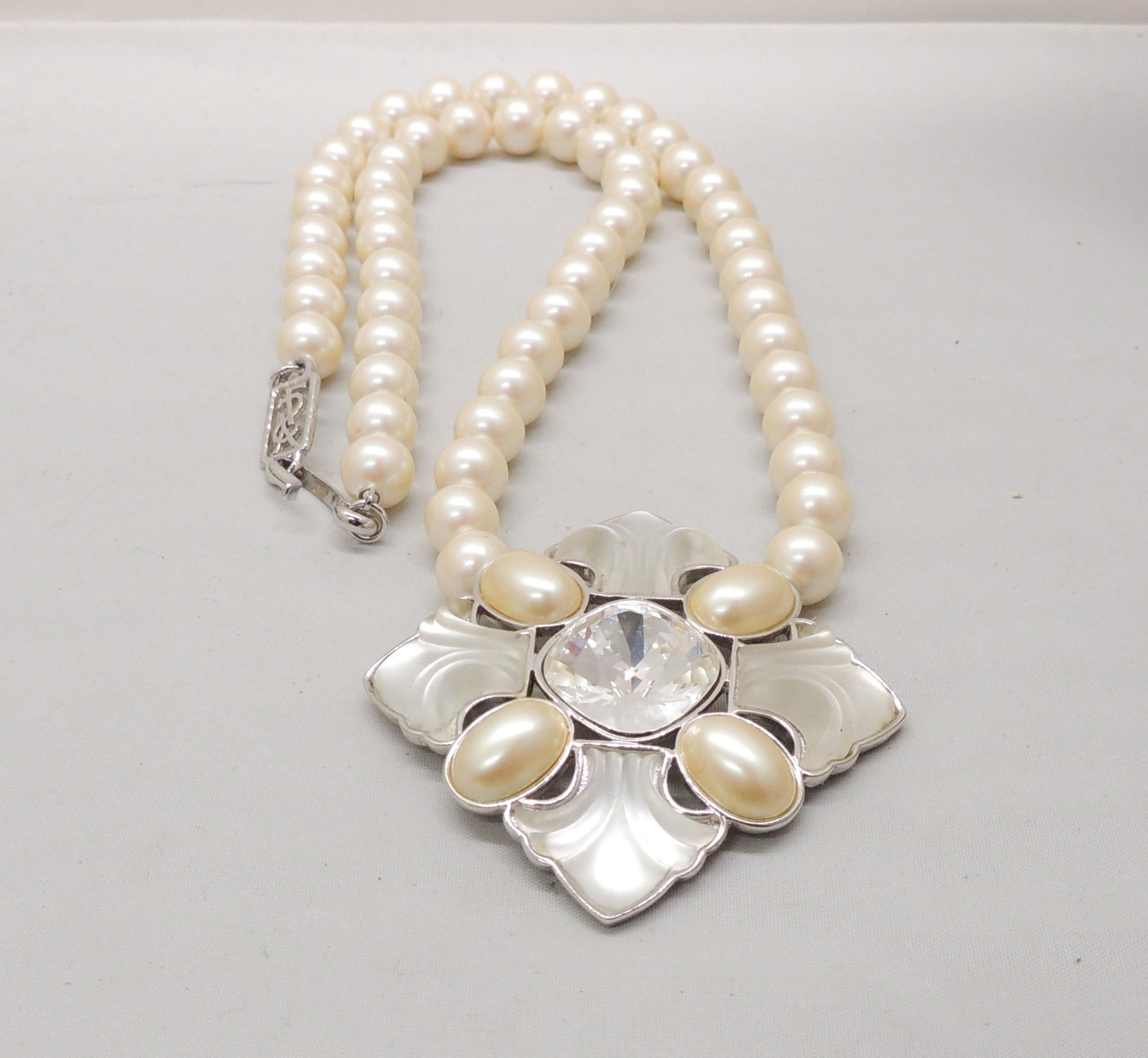 Vintage 1980s Yves Saint Laurent YSL Faux-Pearl & Rhinestone Pendant Necklace 1