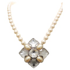 Vintage 1980s Yves Saint Laurent YSL Faux-Pearl & Rhinestone Pendant Necklace