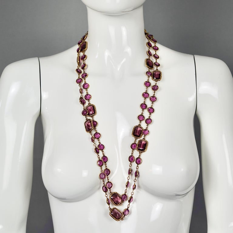 Vintage 1981 CHANEL Chicklet Amethyst Crystal Bezel 66 Long Necklace at  1stDibs
