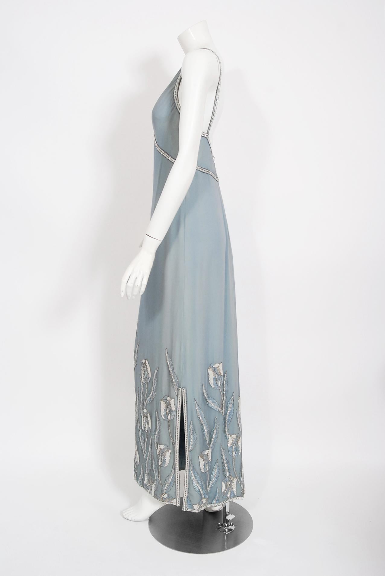Vintage 1981 Chanel Haute Couture Light Blue Floral Beaded Chiffon Gown & Cape  6
