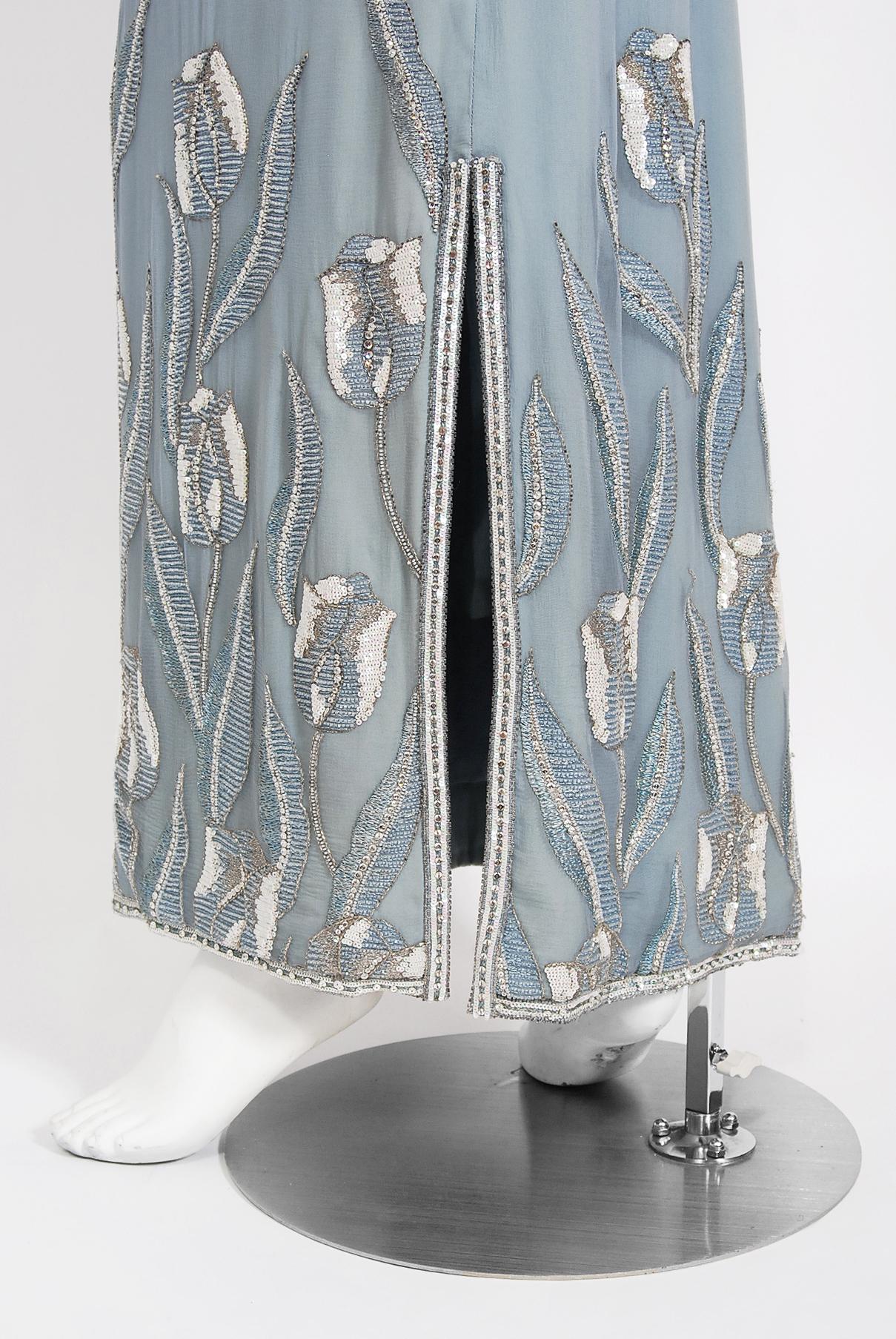 Vintage 1981 Chanel Haute Couture Light Blue Floral Beaded Chiffon Gown & Cape  7